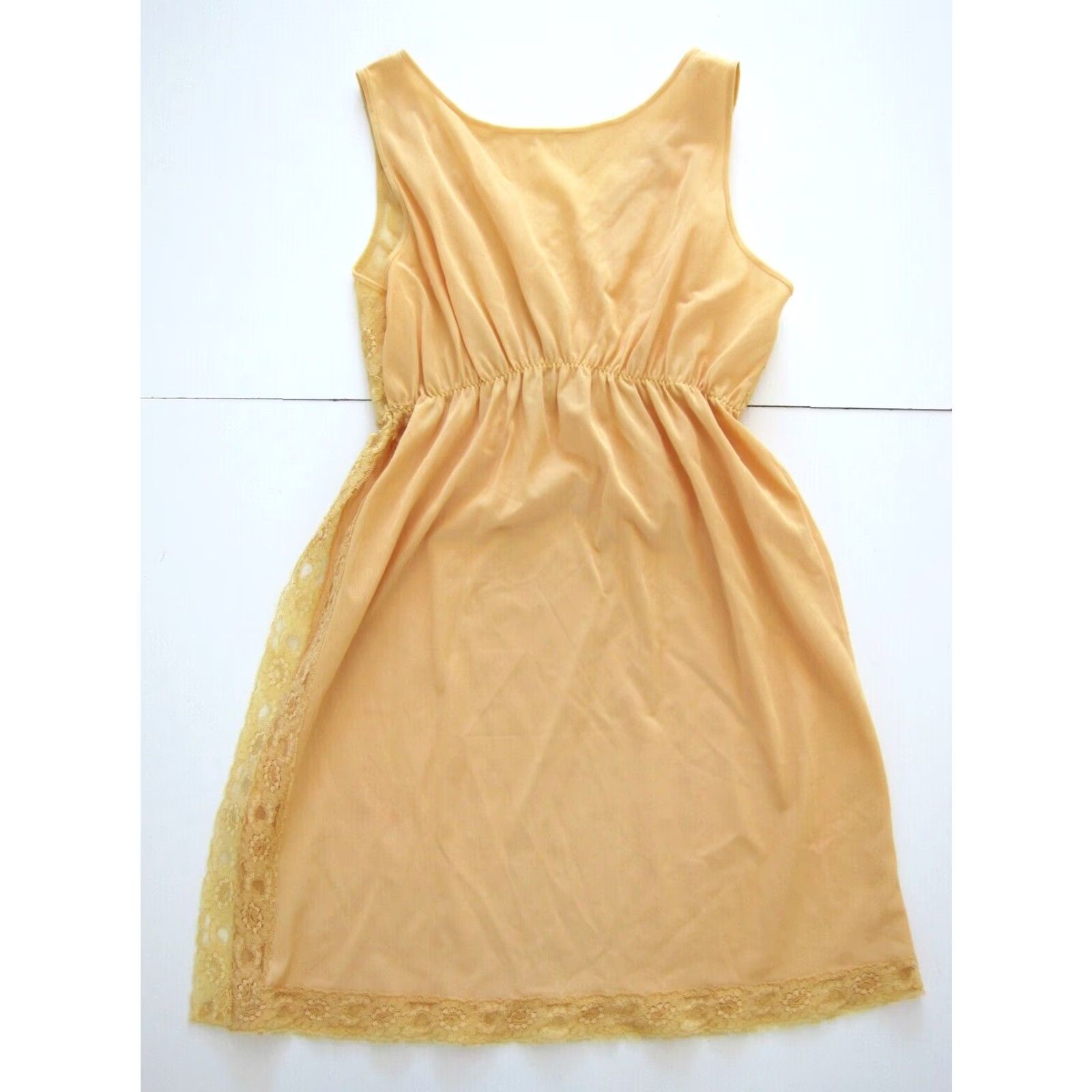 Vintage VINTAGE Texsheen Yellow Lace Sleeveless Nightgown Lingerie Short Stretch 100% nylon Womens S Small Dress Nightgown Size 28" / US 6 / IT 42 - 2 Thumbnail