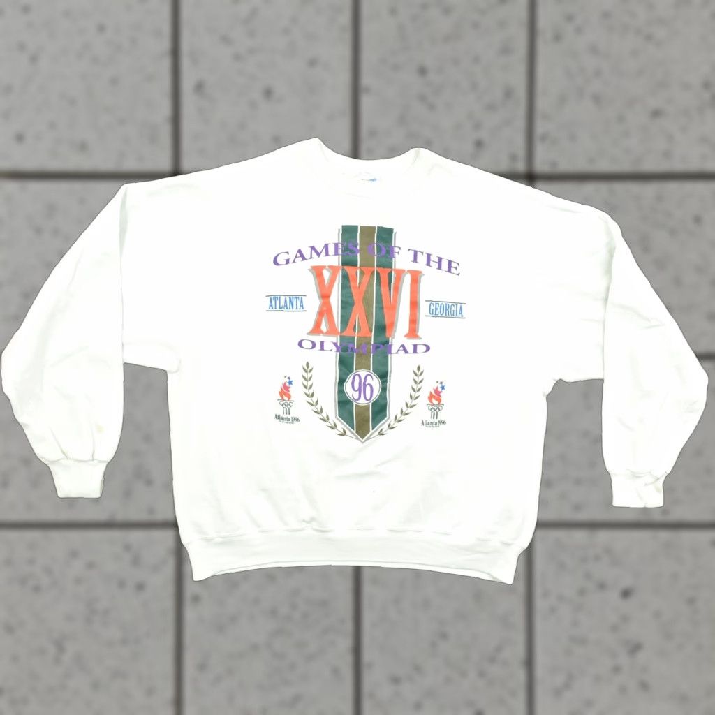 Hanes VINTAGE Hanes Game of the Olympiad XXVI 96' Atlanta Men's Pullover Sweatshirt 2XL White Crew Neck Long Sleeve Solid Logo Sweatshirt Size US XXL / EU 58 / 5 - 1 Thumbnail