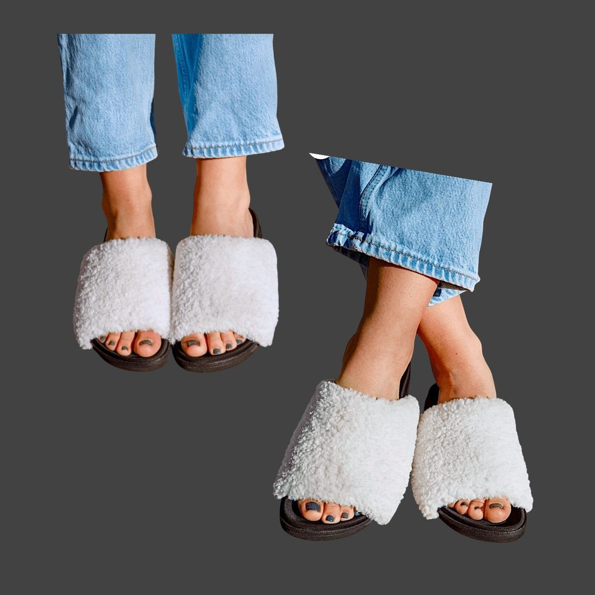 Other Roam Black Fuzzy Slide Sandals Faux White Fur Sz 5.5 -6 Size US 5.5 / IT 35.5 - 4 Thumbnail
