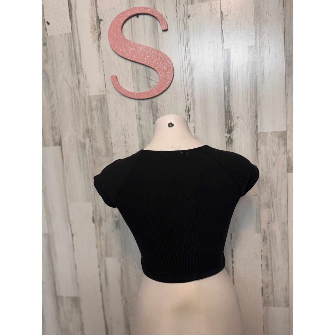 Other Pink Rose Black Ribbed Wrap Crop Top – Size S Size S / US 4 / IT 40 - 4 Thumbnail