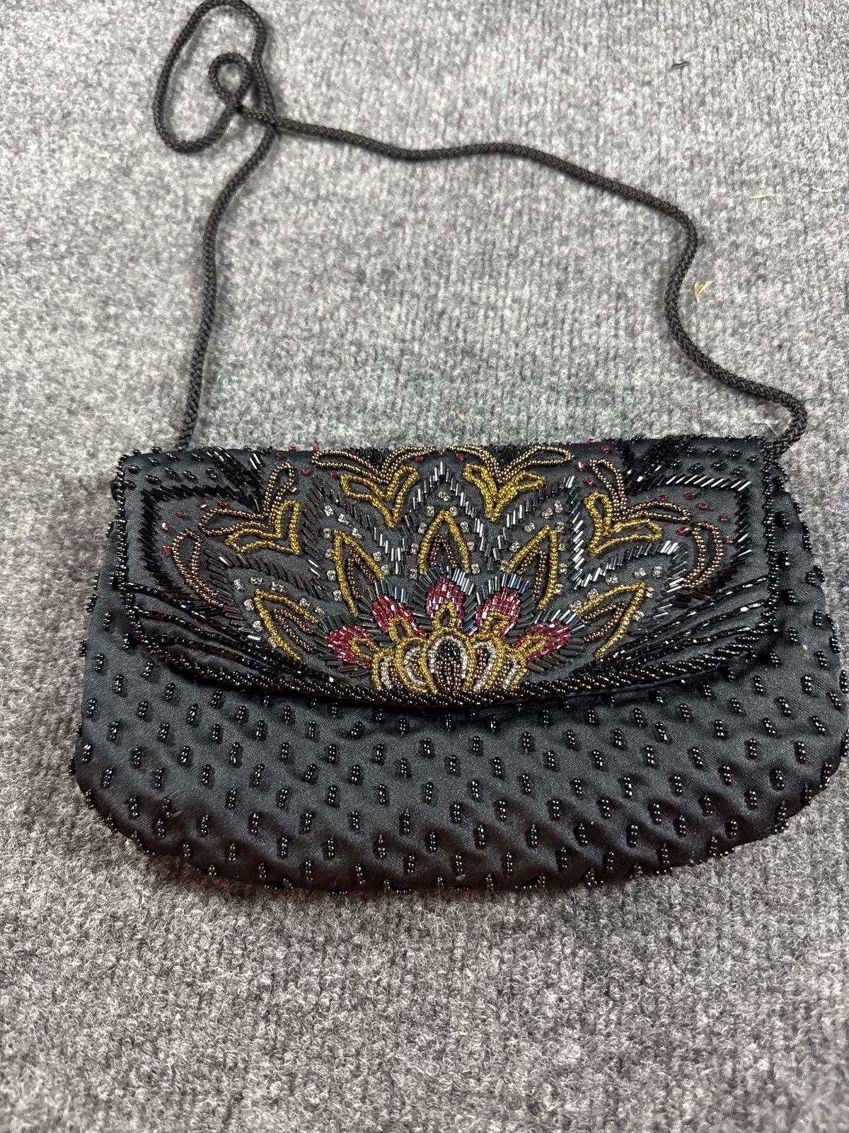 Black Beaded Embroidered Evening Bag Floral Shoulder Purse, Women's