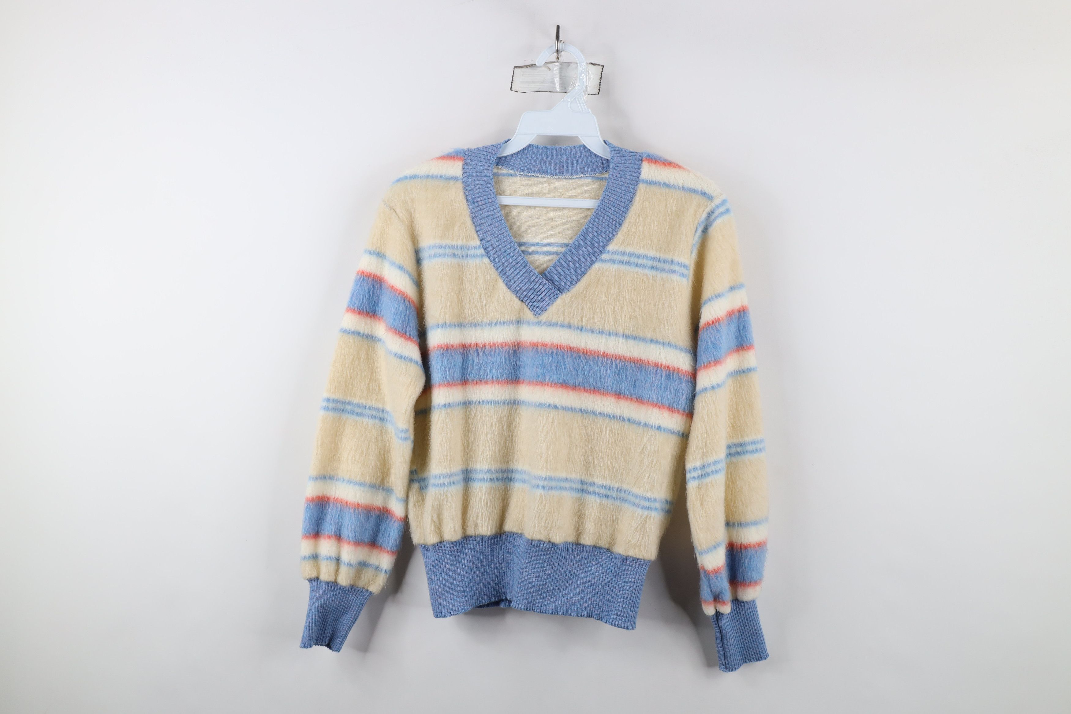 Vintage Vintage 70s Streetwear Striped Fuzzy Shag V-Neck Sweater USA Size S / US 4 / IT 40 - 1 Thumbnail