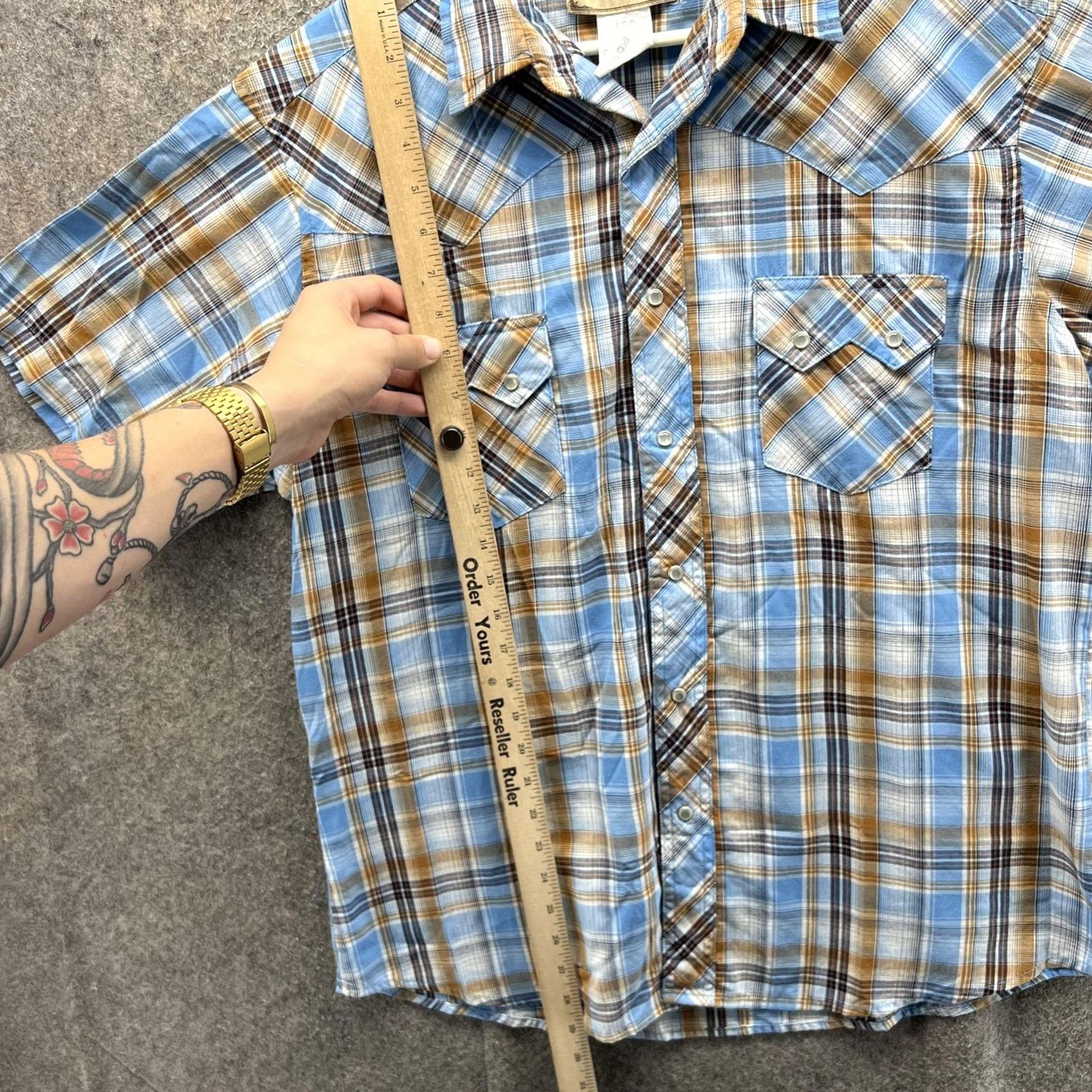 Wrangler VINTAGE Wrangler Western Shirt Mens Large Blue Brown Plaid Short Sleeve Pearl Snap Shirt Size US L / EU 52-54 / 3 - 6 Thumbnail