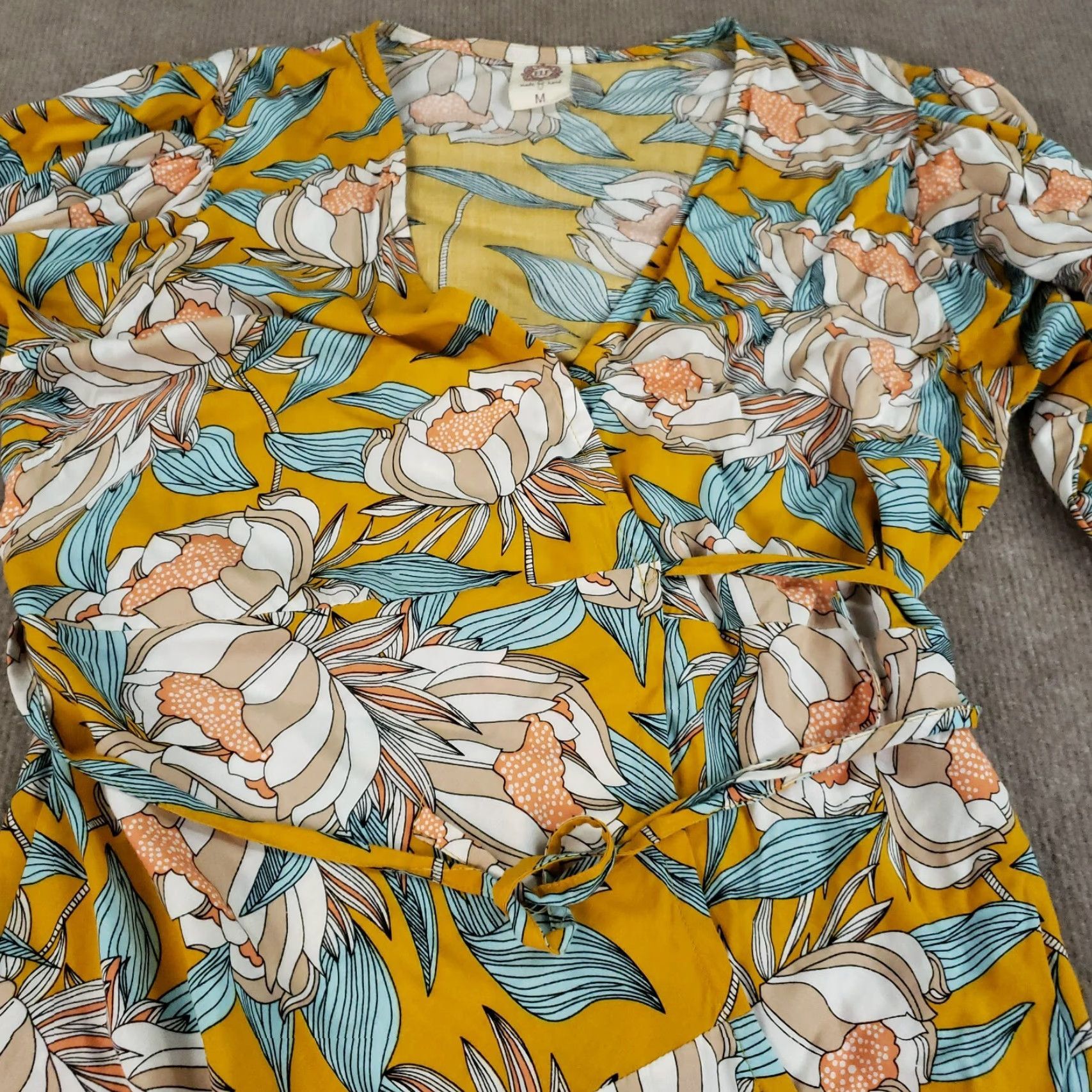 Vintage ELF Made By Hand Womens Medium Yellow Floral Wrap Dress Midi 3/4 Sleeve Size M / US 6-8 / IT 42-44 - 7 Thumbnail