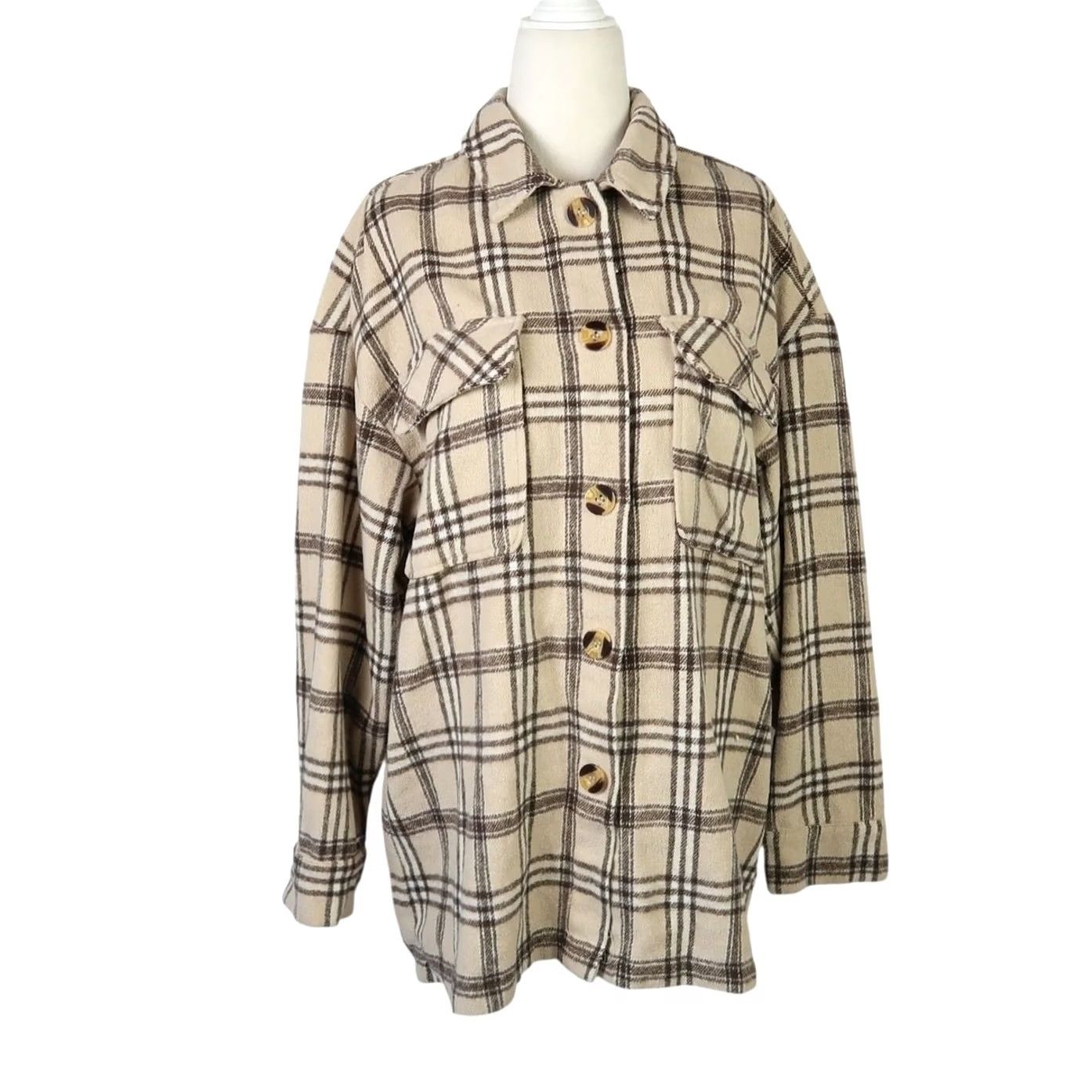 Vintage Motel Marcella Shirt Jacket Shacket Light Tan Plaid Flannel Womens S Size S / US 4 / IT 40 - 2 Thumbnail