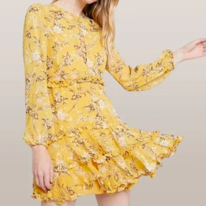 Anthropologie Bardot Yellow Floral Lace Up Ruffle Romantic Mini Dress SZ 8 Size M / US 6-8 / IT 42-44 - 1 Thumbnail