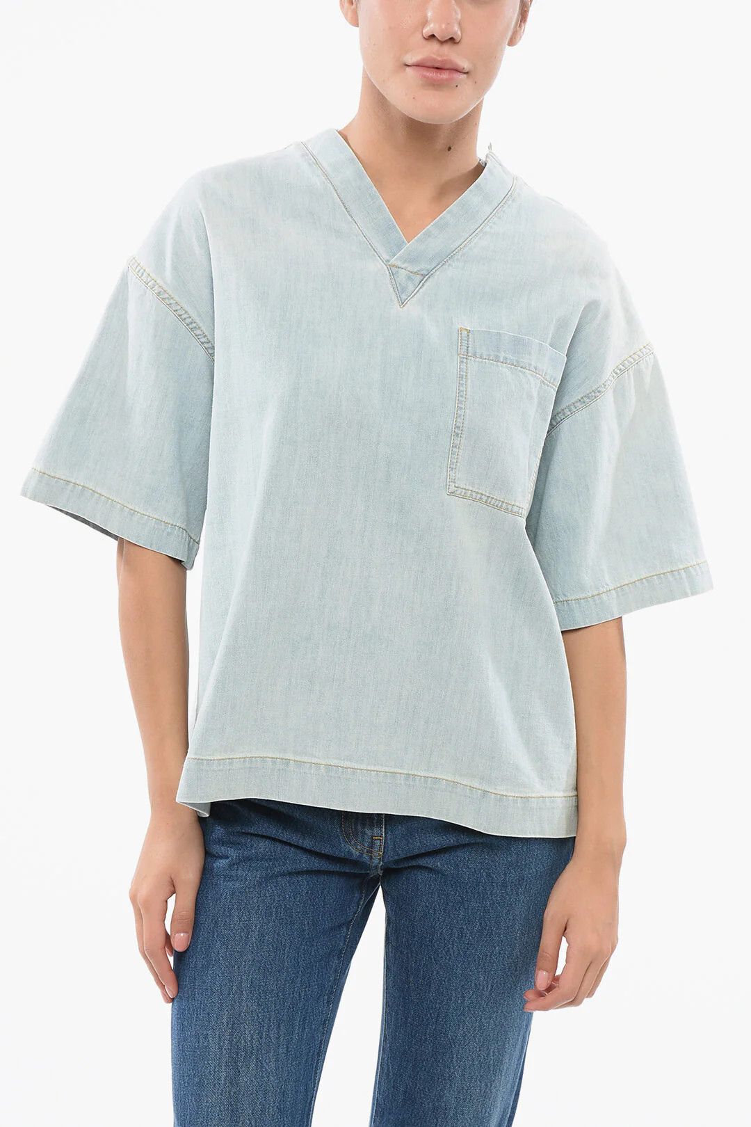 Bottega Veneta og1mm0426 Light-Wash Denim Blouse in Light Blue Size S / US 4 / IT 40 - 1 Thumbnail