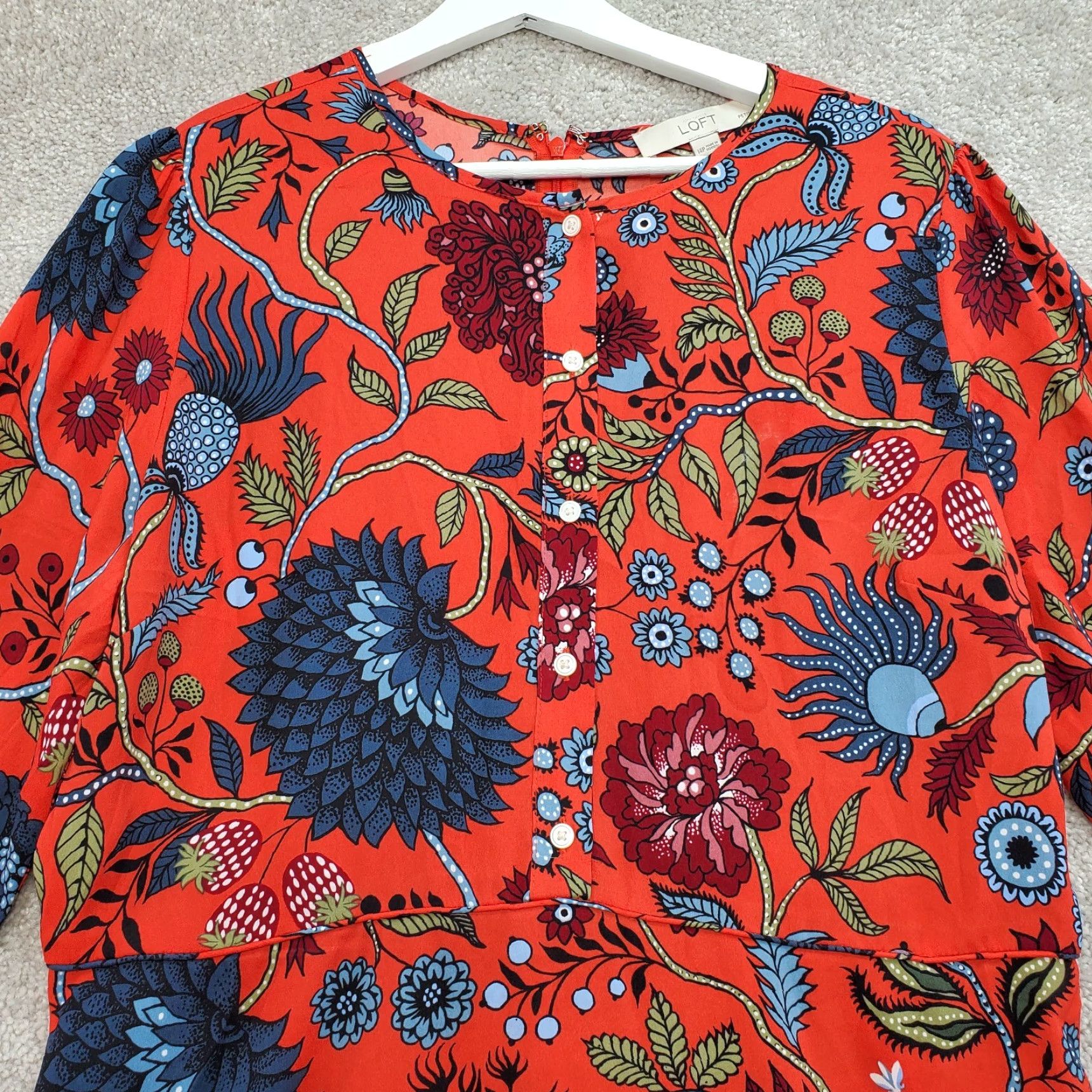 LOFT Fit & Flare Dress Womens 14 Petite Multicolor Floral Round Neck Zip  Knee Length Button