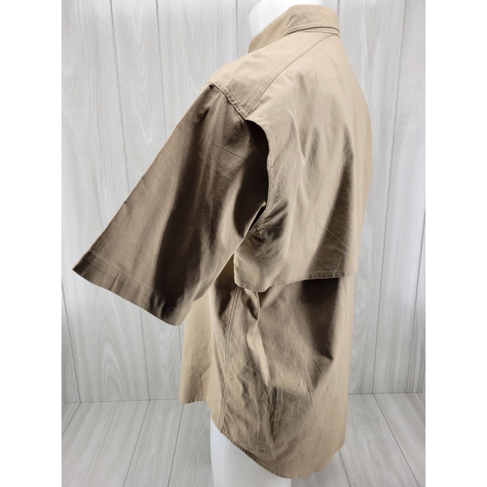 Vintage Cabela's Mens Size M REG Short Sleeve Tan Button Up Furs Fins Feathers Shirt Casual Cotton Beige Starred Pattern Solid California USA Theme Mens Size US 31 - 7 Thumbnail
