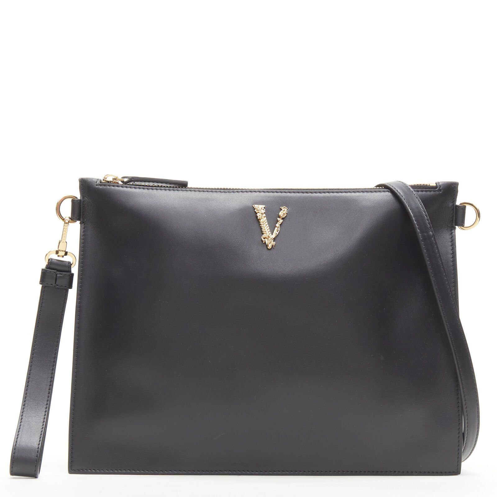 Versace new VERSACE gold Virtus Barocco V black leather zip clutch crossbody bag Size ONE SIZE - 1 Thumbnail