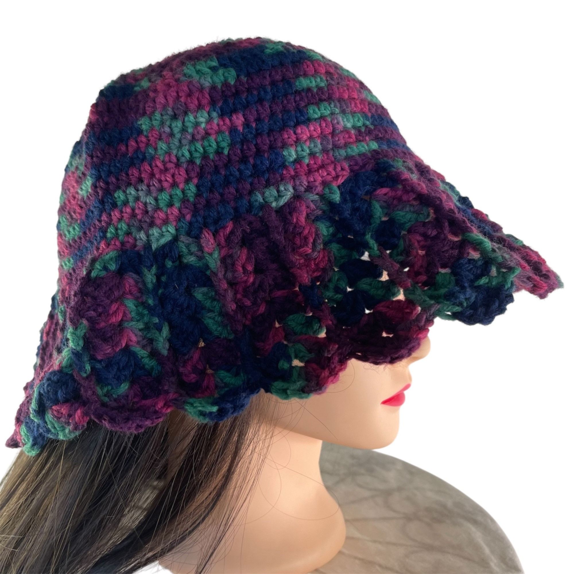 Handmade Crochet Cloche Bucket Hat Purple Pink Green Wine Retro Style Size ONE SIZE - 1 Thumbnail