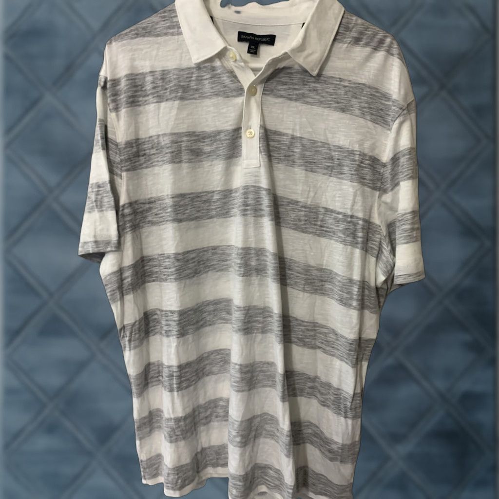 Banana Republic Banana Republic Polo Shirt XL White Gray Striped Short Sleeve Classic Mens Size US XL / EU 56 / 4 - 1 Thumbnail