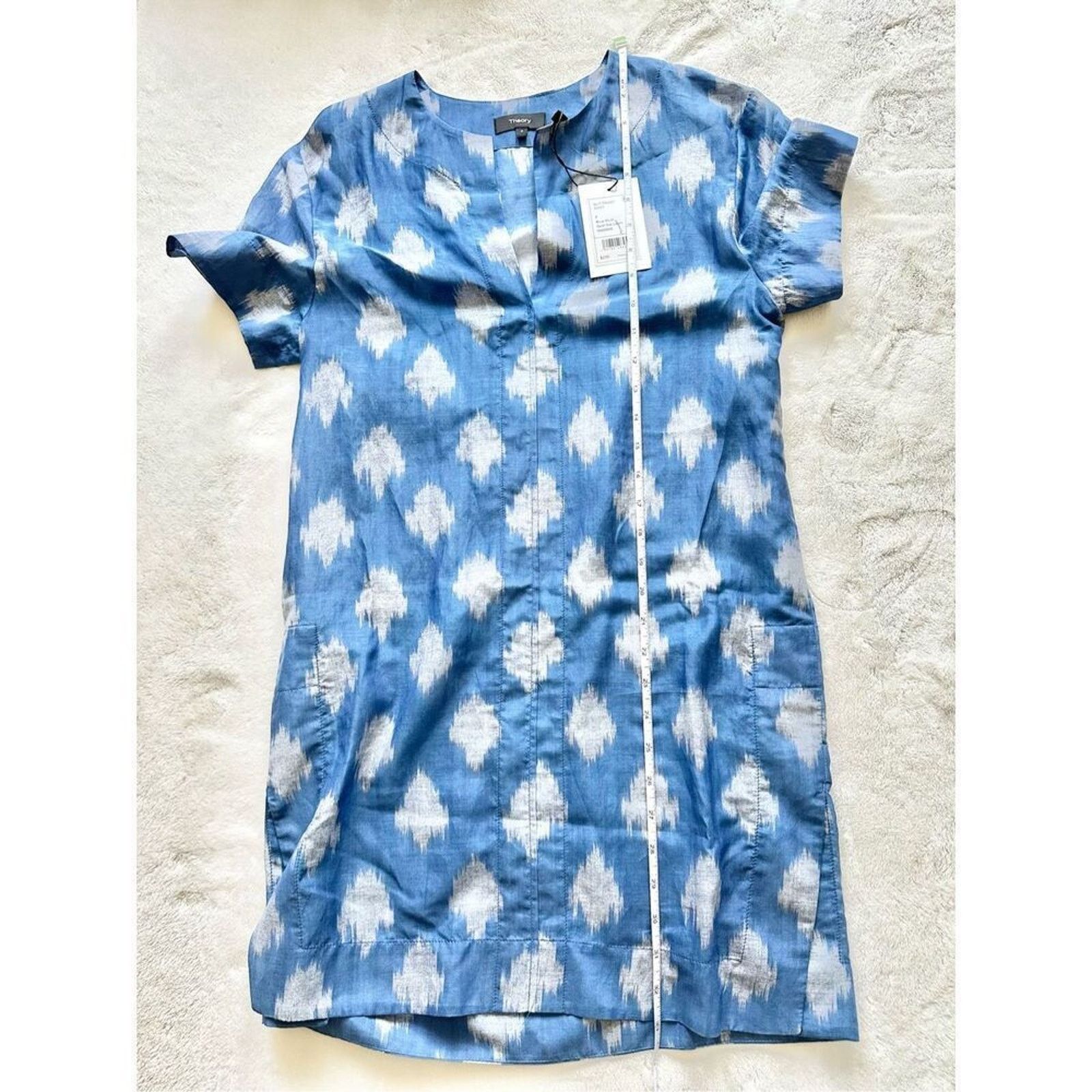 Theory Theory Slit Front Sheer Tunic Dress Blue Gray Ikat Pattern Size XS / US 0-2 / IT 36-38 - 9 Thumbnail
