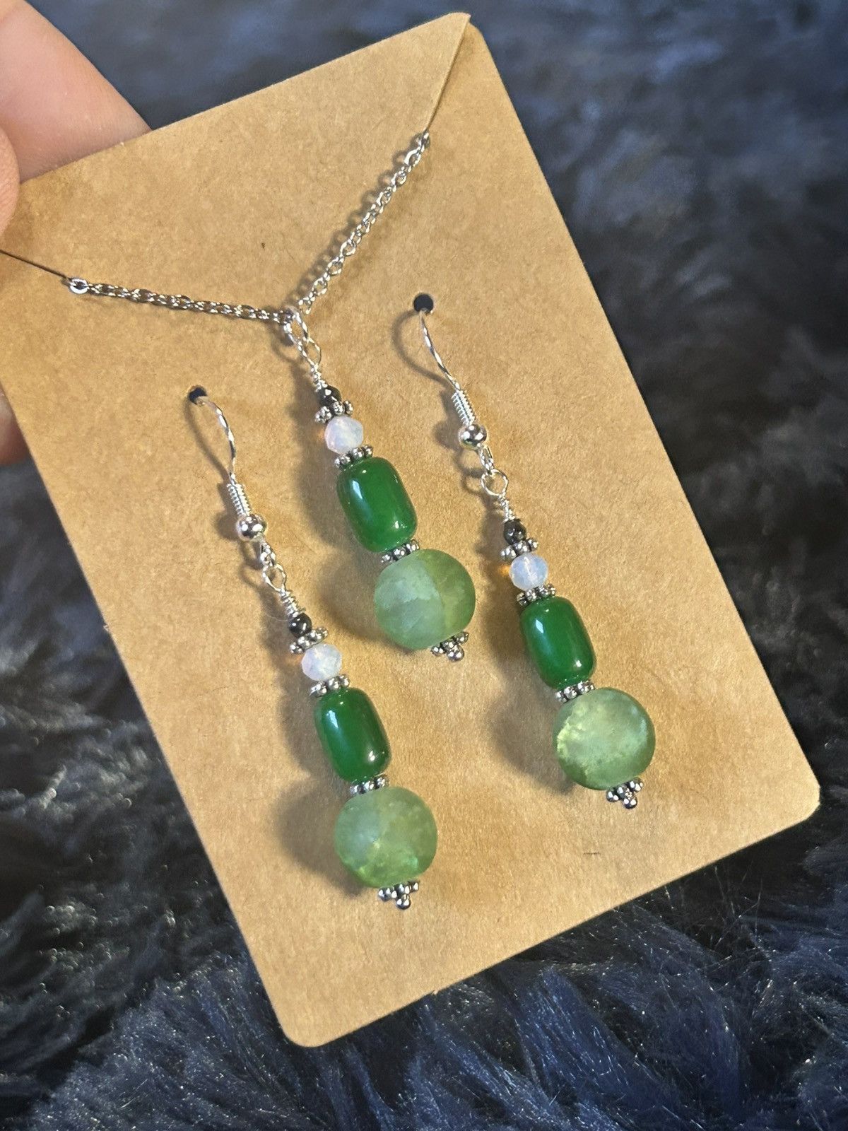Handmade Handcrafted green crackle glass cat eye barrel opalite set Size ONE SIZE - 1 Thumbnail