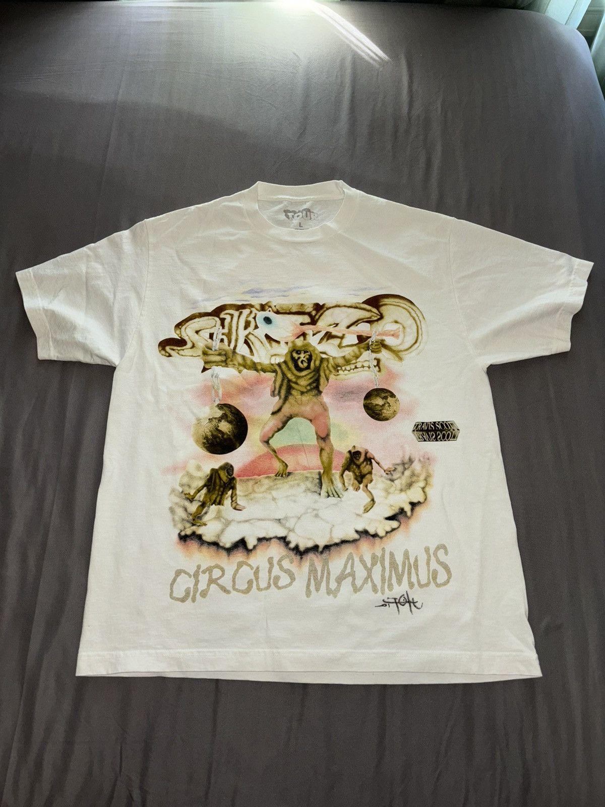 image of Travis Scott “Circus Maximus” Tour Merch - “Skitzo” Shirt (L) in White, Men's (Size Large)
