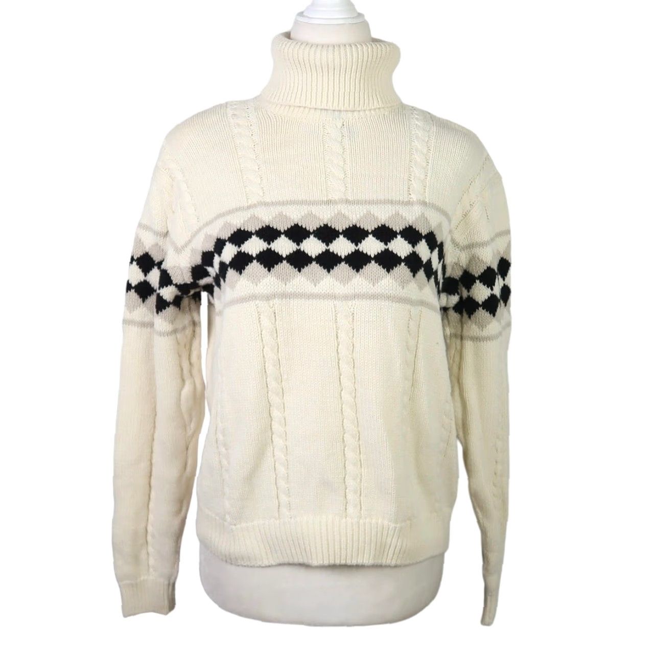 Vintage VINTAGE Jeanne Pierre Cream and Black Diamond Check Cable Knit Turtleneck Sweater M Womens Long Sleeve Knit Cotton 90s Holiday Casual Mens Girls Size M / US 6-8 / IT 42-44 - 2 Thumbnail