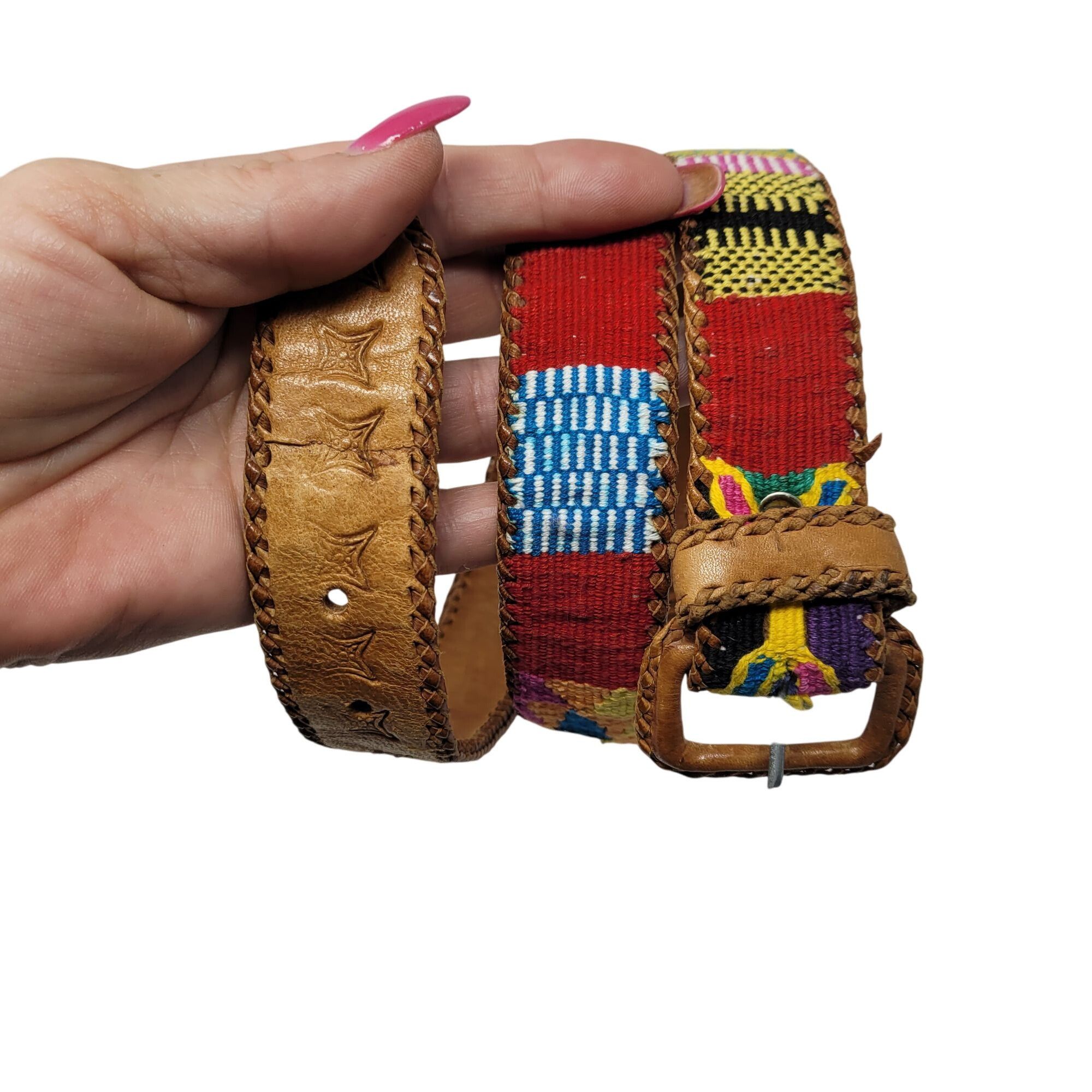 Vintage Vintage Handwoven Leather Patchwork Textile Belt M Southwest Size ONE SIZE - 1 Thumbnail