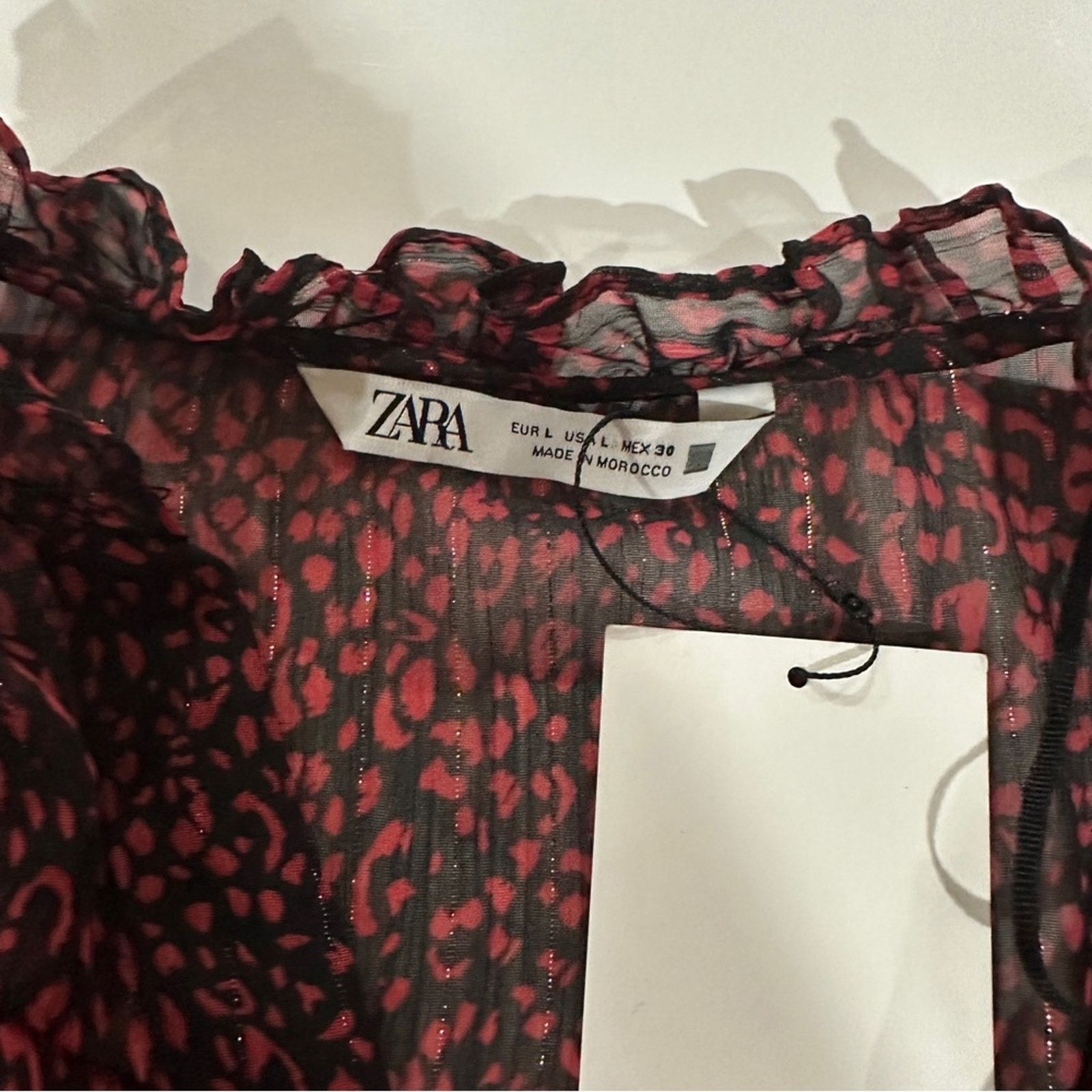 Zara Zara Red & Black Cheetah Print Long Sleeve Ruffled Dress Size L / US 10 / IT 46 - 5 Thumbnail