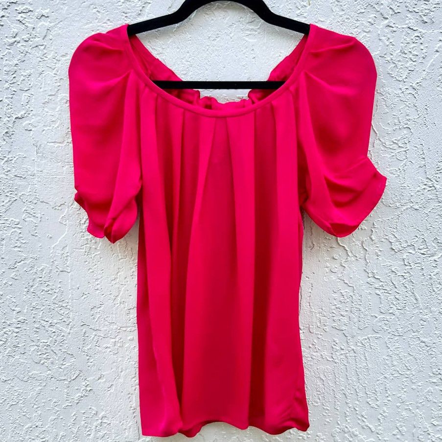 image of NWOT Joie Pleated Short Sleeve Tie Neckline Silk Top Blouse in Red, Women's (Size XS)