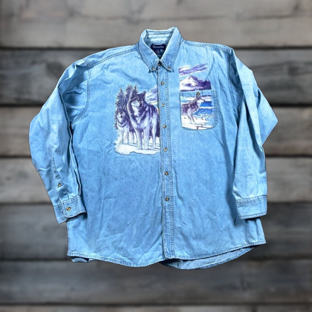 Vintage Thunder Denim Shirt Men's XL Blue 90s Wolves Scenic Graphic Print Button-Up Shirt by Thunder Size US XL / EU 56 / 4 - 1 Thumbnail