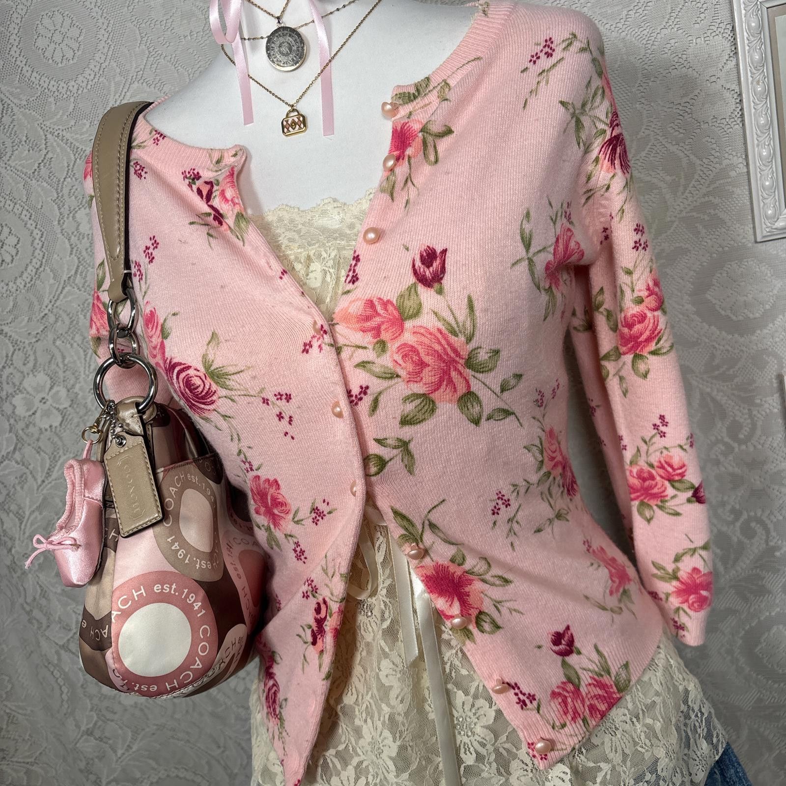 Other vintage pink floral coquette fitted cardigan Size M / US 6-8 / IT 42-44 - 4 Thumbnail