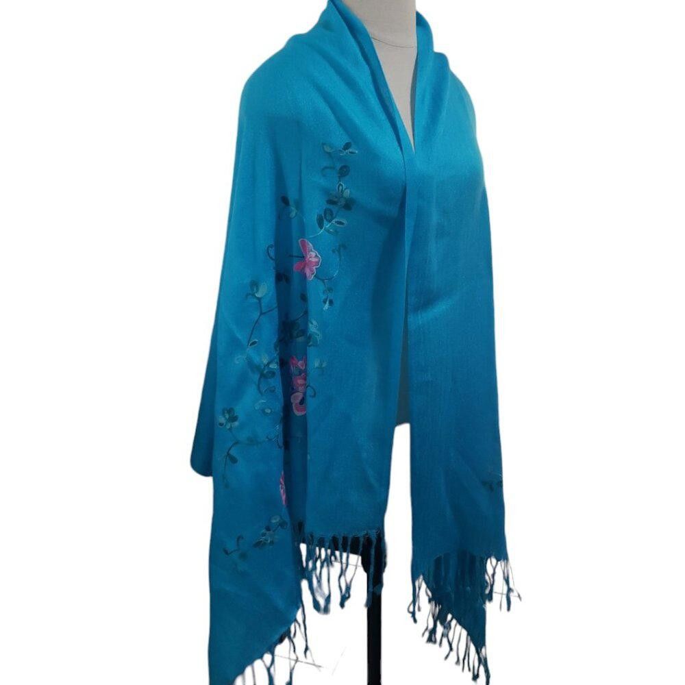 Designer CT1763 Turquoise 100% Cashmere Floral Wrap Size ONE SIZE - 2 Thumbnail