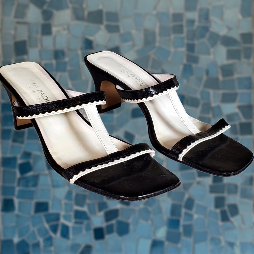 Vintage Mila Paoli Sandal Women Slide Sawtooth Pattern Black White Leather Block Heel 9.5 M Size US 10 / IT 40 - 1 Thumbnail