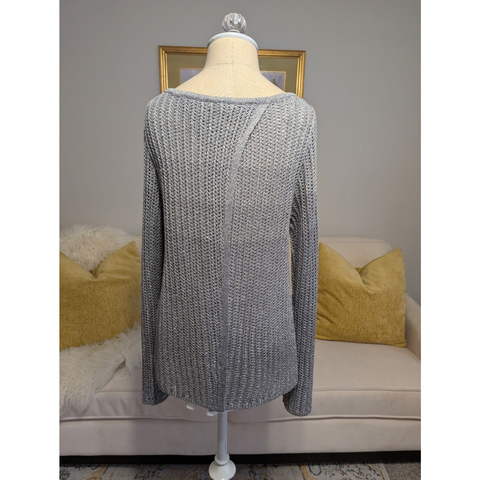 White House Black Market WHBM Silver Metallic Ombre Split-Back Sweater Size M / US 6-8 / IT 42-44 - 2 Thumbnail