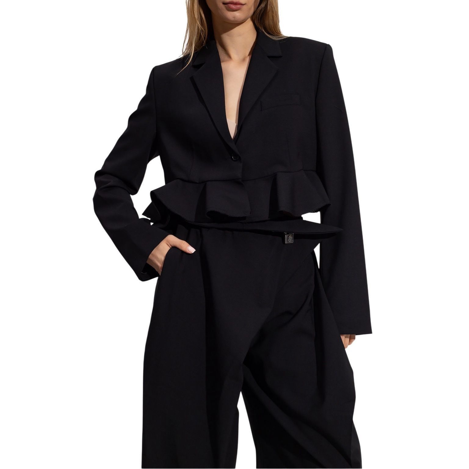 Andersons NWT J.W. Anderson Ruffled Hem Cropped Jacket in Black, Luxe Boho Tailored Style 2 (067) Size XS / US 0-2 / IT 36-38 - 1 Thumbnail