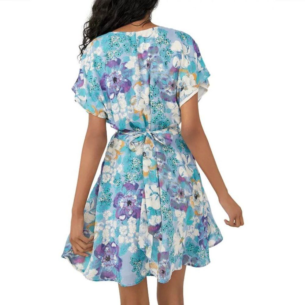 Free People New Free People Freddy Tie Waist Mini Blue Floral Dress Siz Size S / US 4 / IT 40 - 2 Thumbnail