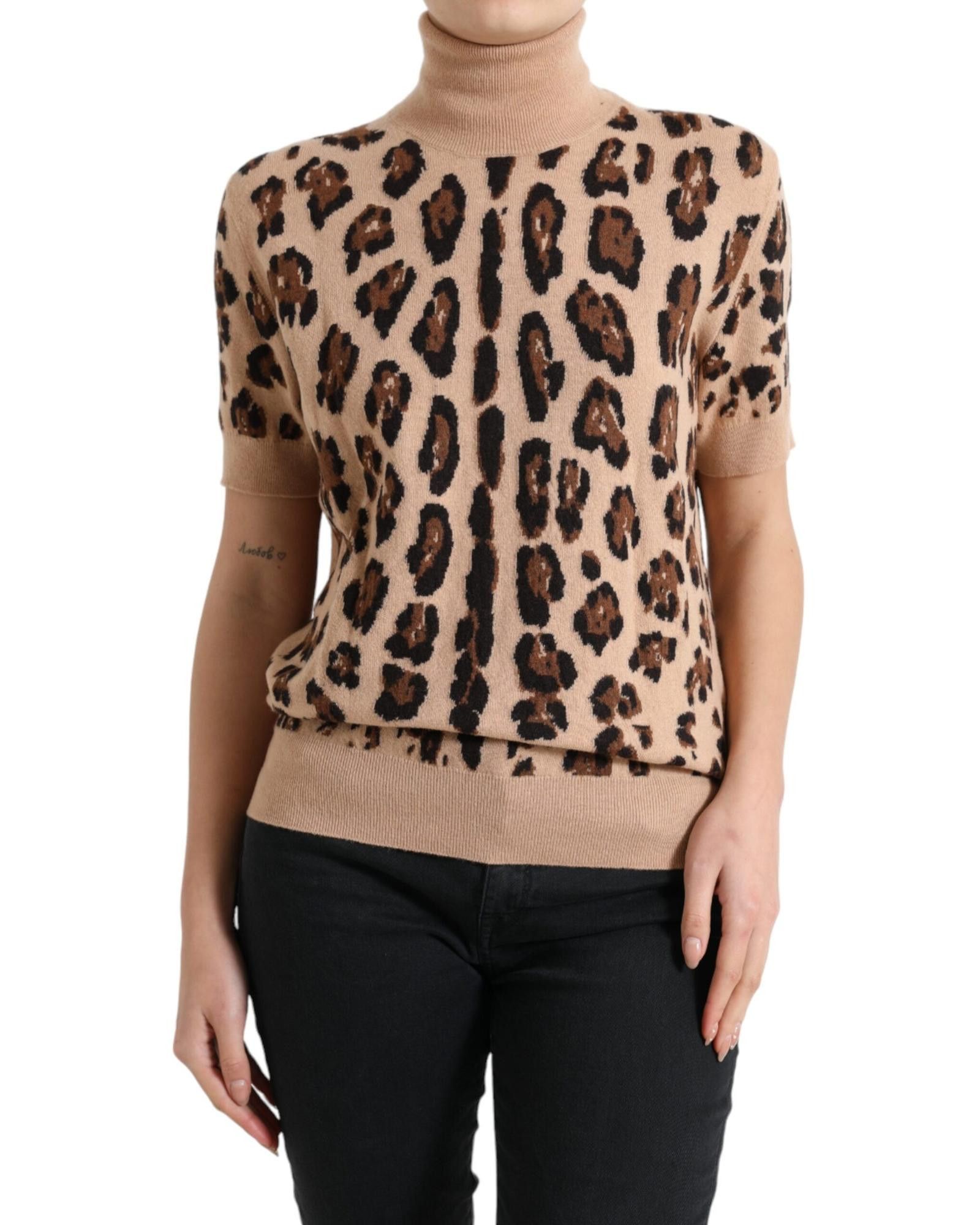 image of Dolce Gabbana Leopard Print Wool Turtleneck Top in Beige, Women's (Size XL)