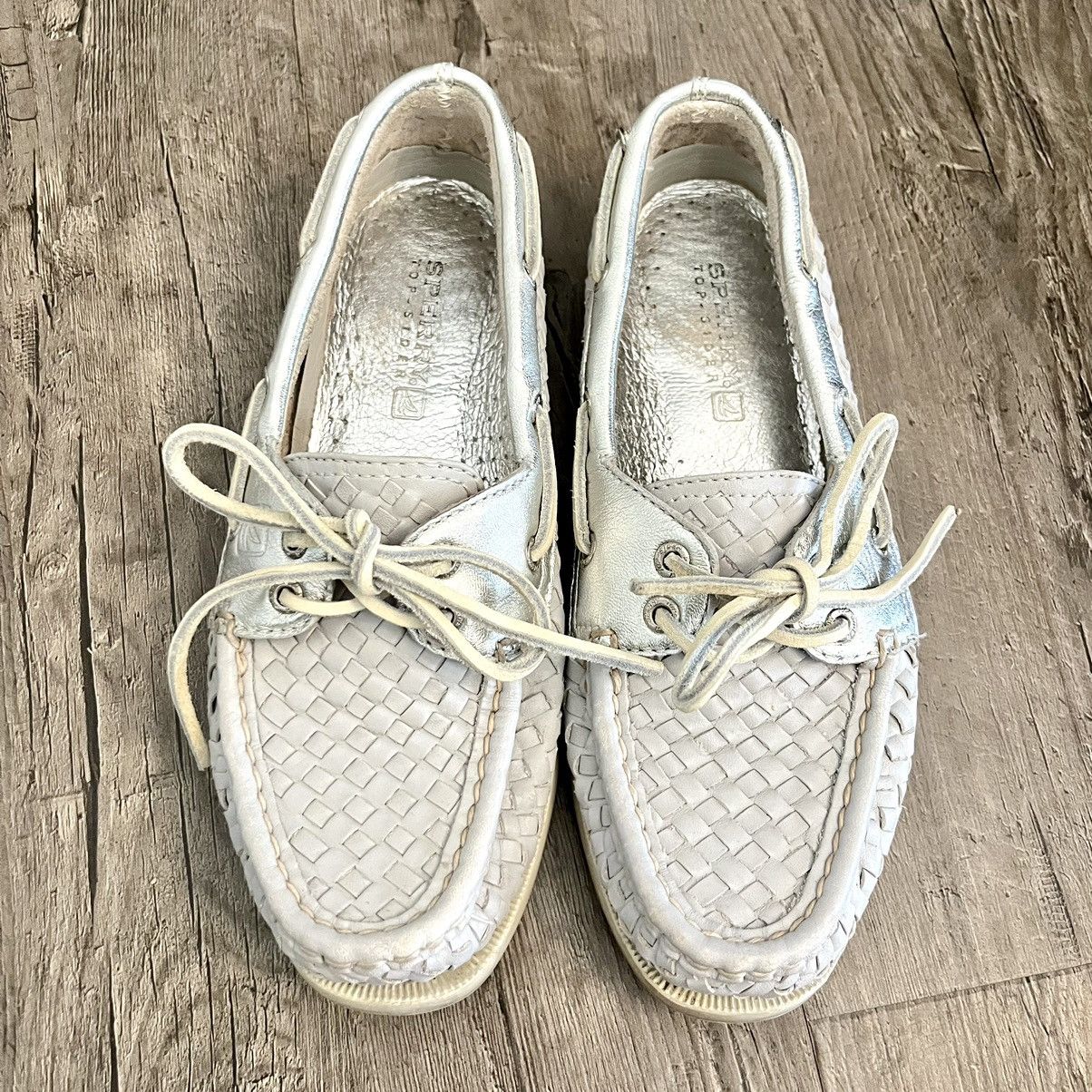 Sperry Sperry Top Slider Gray & Metallic Silver Woven Boat Shoes Size US 6.5 / IT 36.5 - 8 Thumbnail