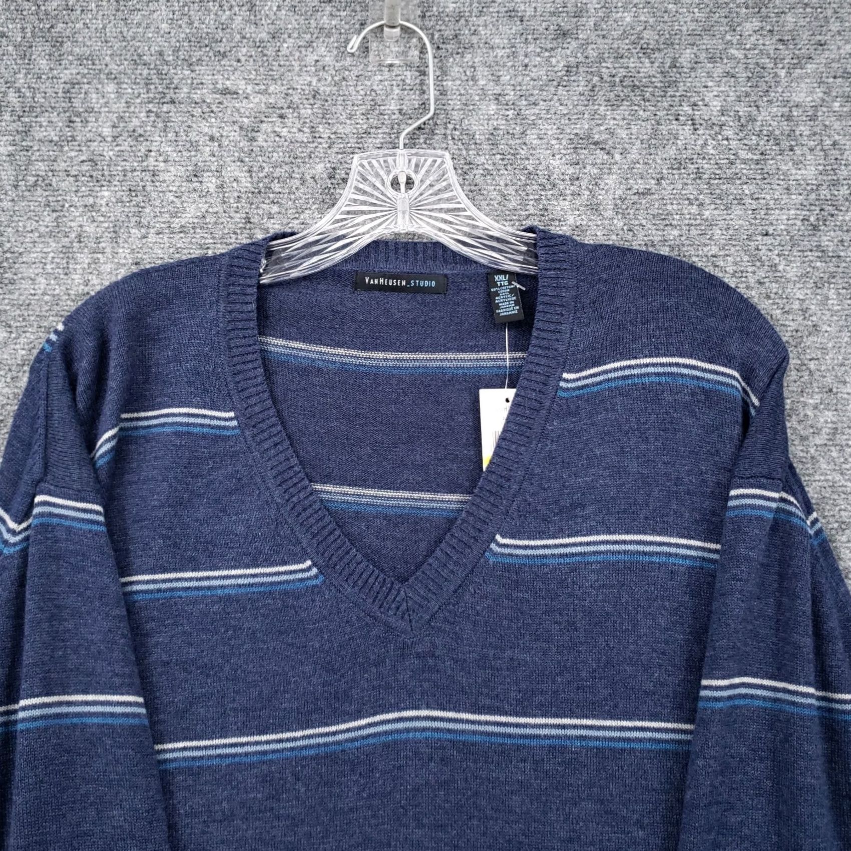 Van Heusen Van Heusen Sweater Mens 2XL Blue V-Neck Pullover Striped Knit Regular All Seasons Size US XXL / EU 58 / 5 - 3 Thumbnail