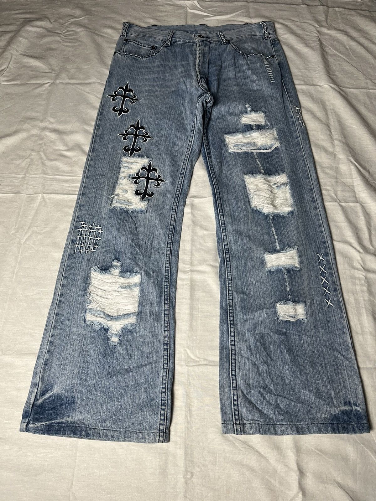 If Six Was Nine 33" Distressed Denim Embroidary Patches Jeans Size US 33 - 4 Thumbnail