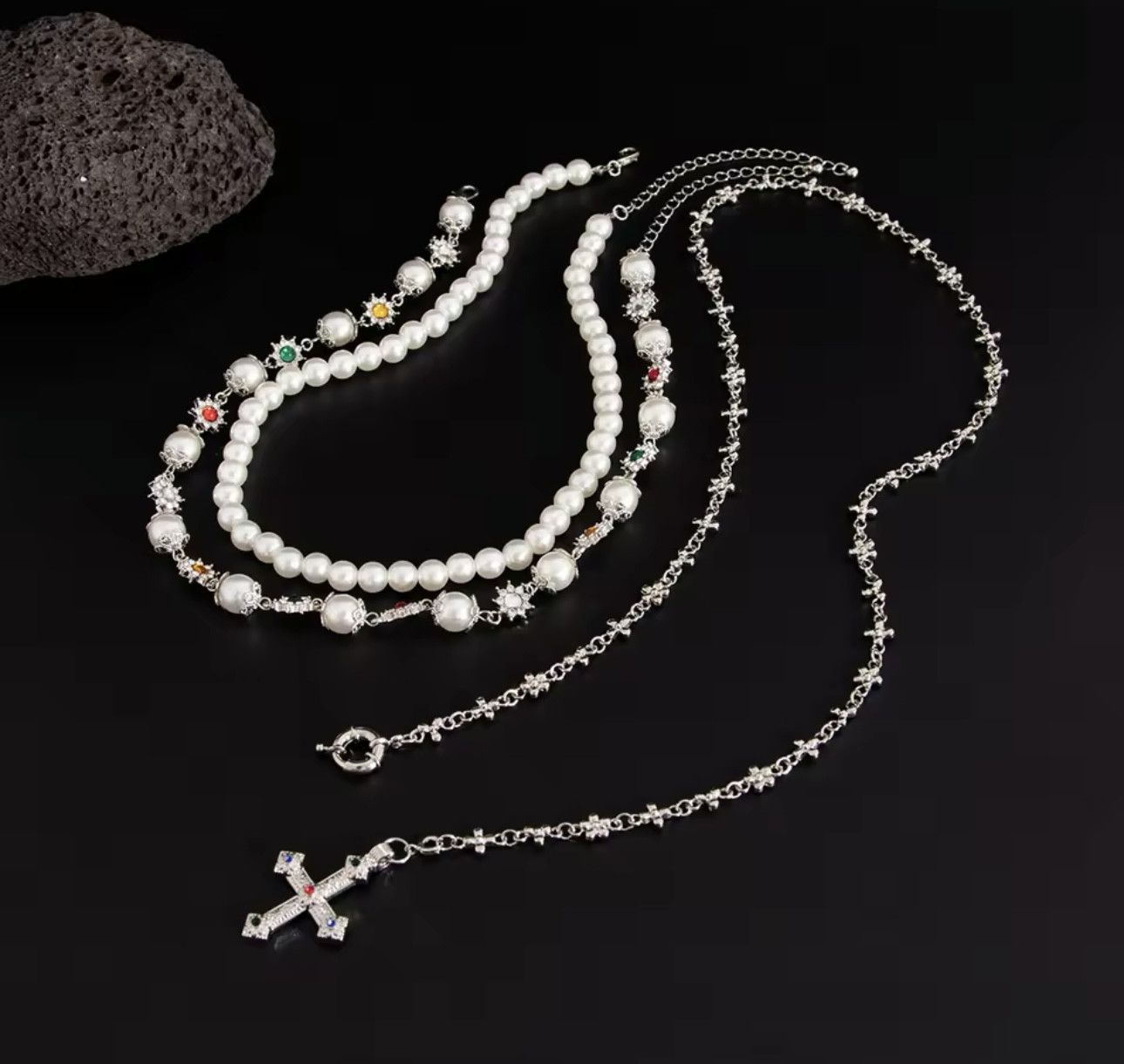 Jewelry 3Pcs/Set Creative Rhinestone Imitation Pearl Chain Necklace Size ONE SIZE - 1 Thumbnail
