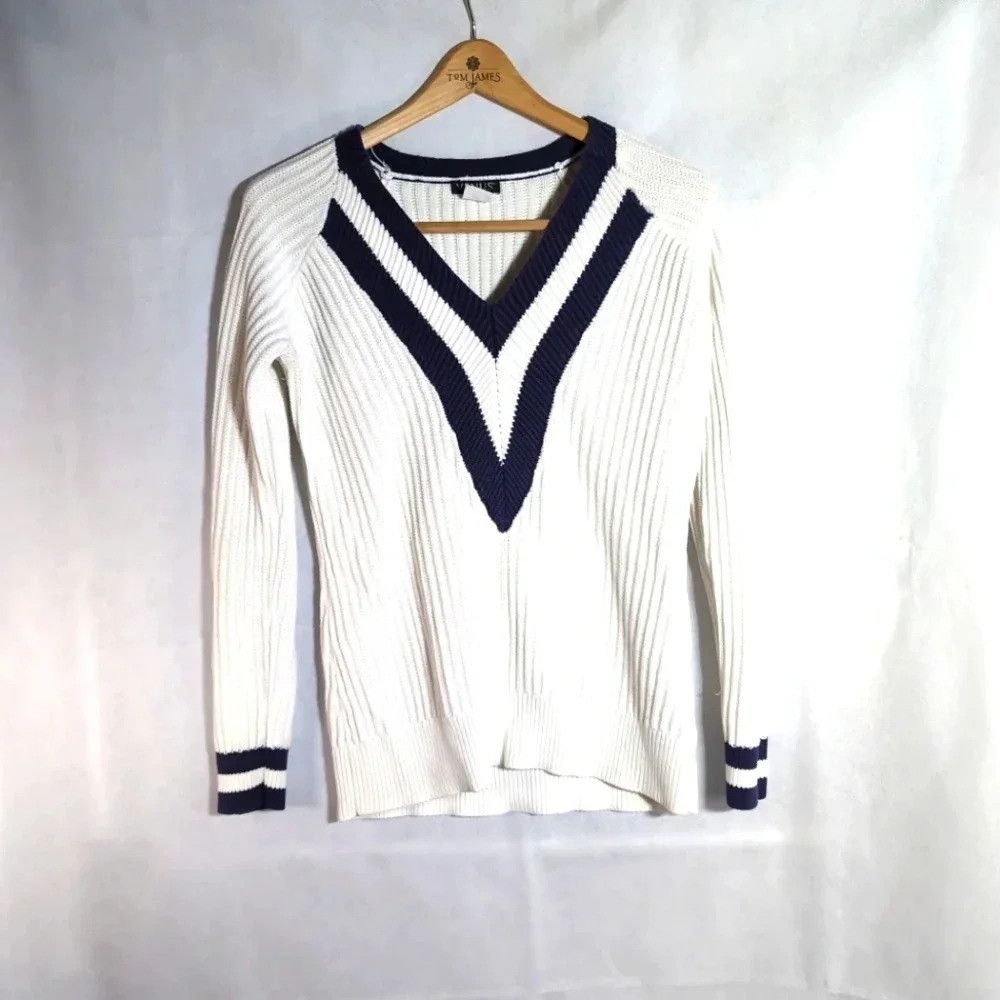 Venus Venus Deep V Neck Navy Blue and White Sweater sz L Size L / US 10 / IT 46 - 1 Thumbnail