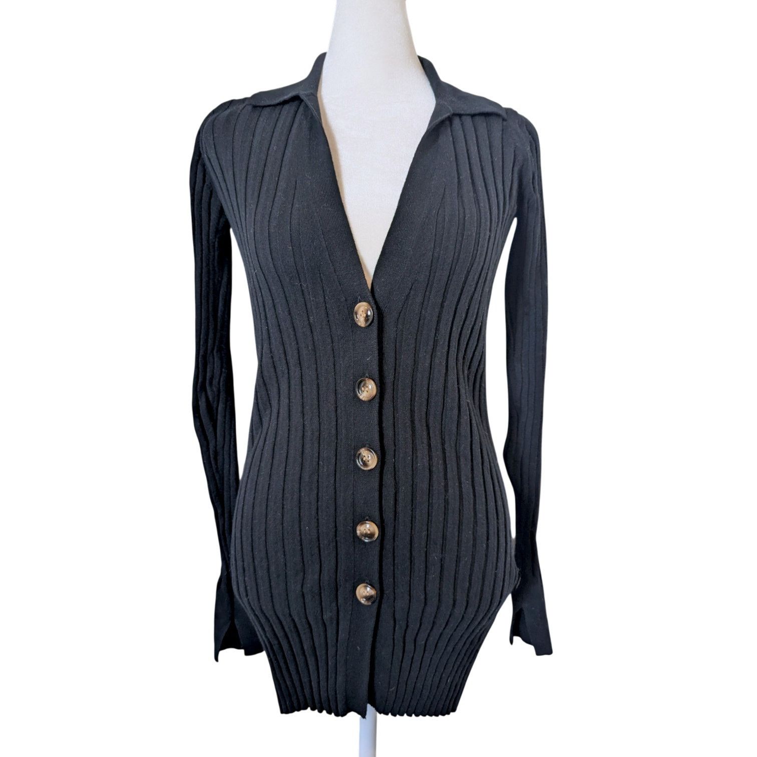 Maria Cher Black Rib Knit Cotton Cashmere Cardigan