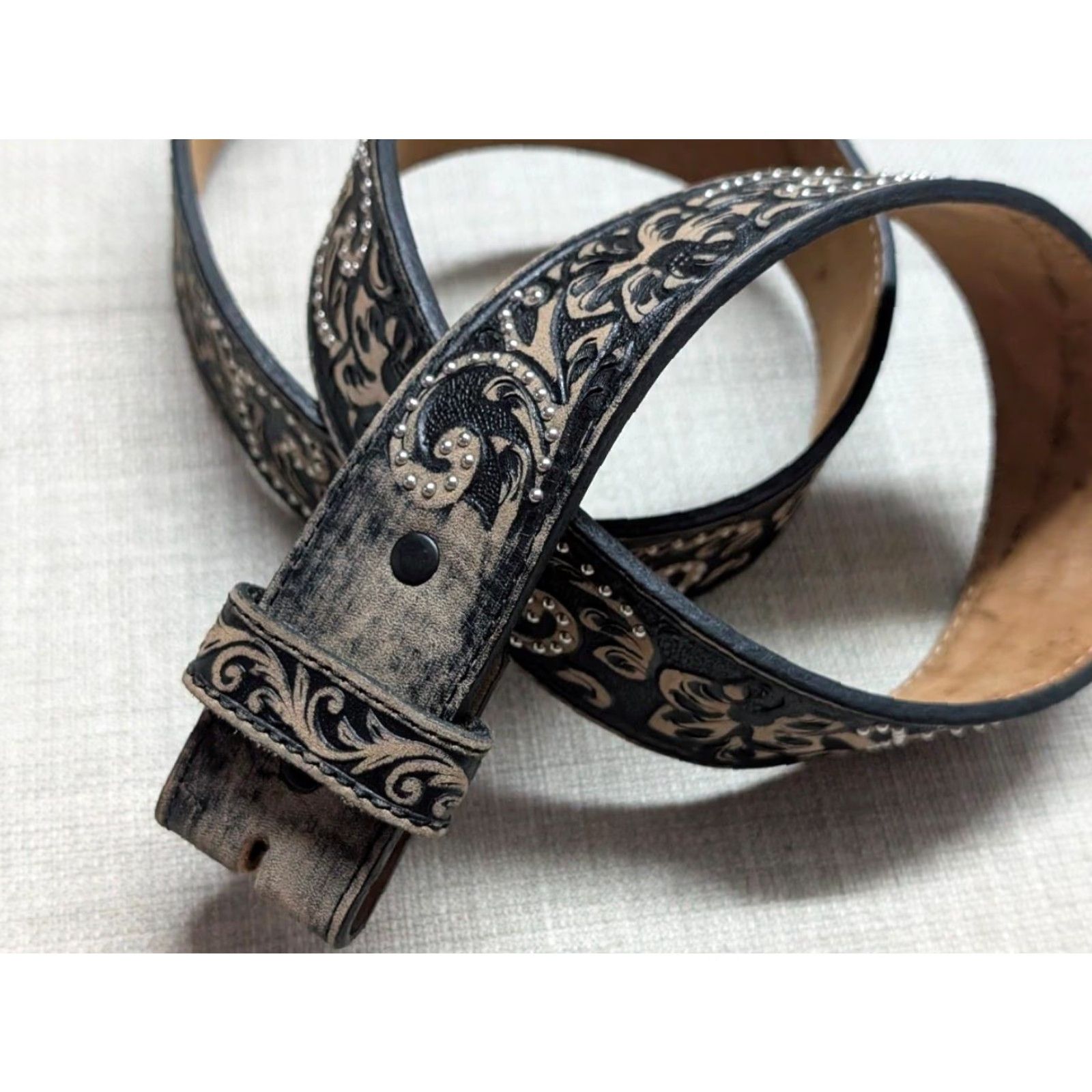 Vintage VINTAGE Justin Western Belt 34 Leather Tooled Floral Belt Buckle Cowhide Brown Men XS? Size 34 - 4 Thumbnail