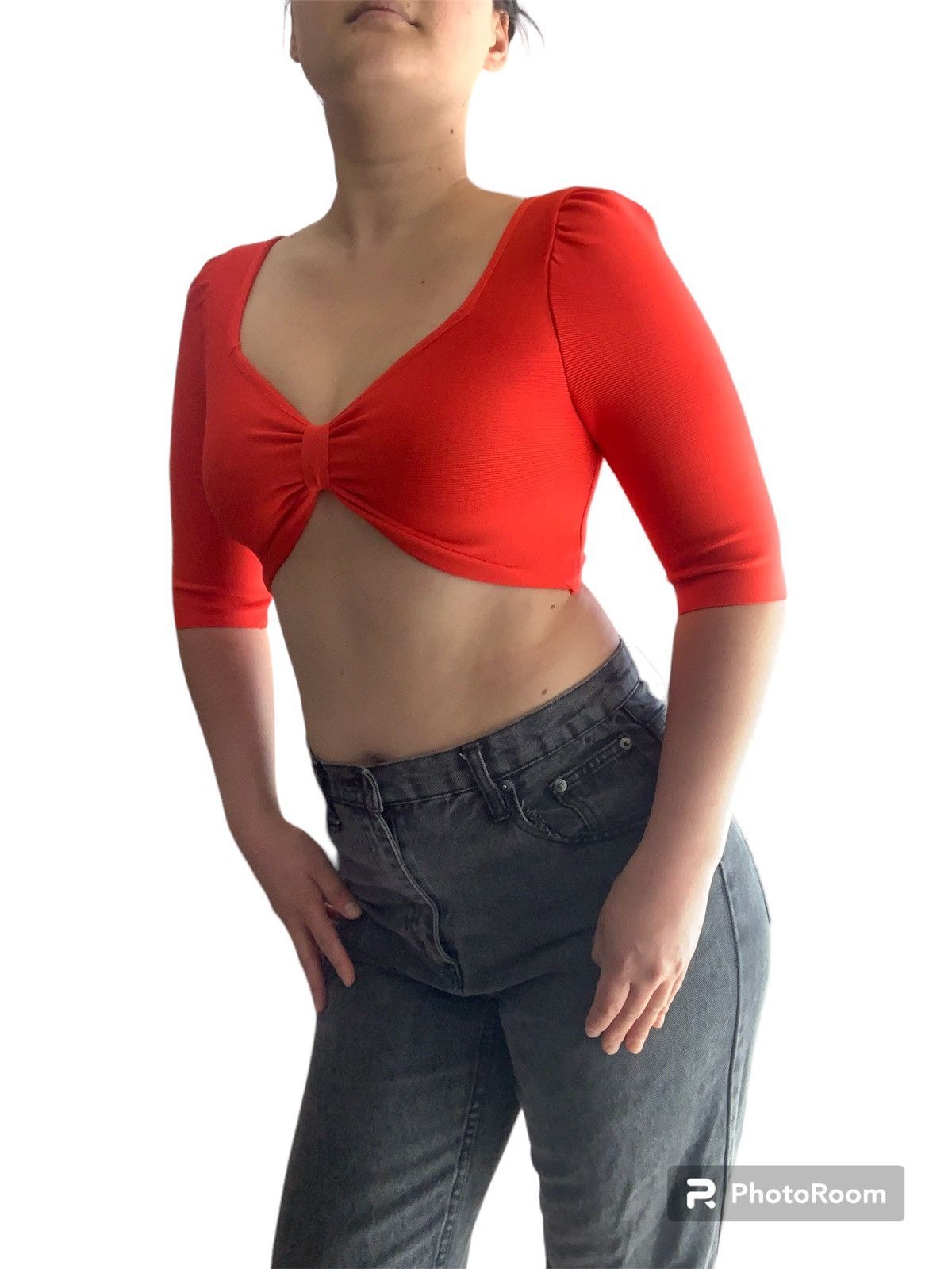 Designer Peplum Style Red Mid-Sleeve Crop Top Size M / US 6-8 / IT 42-44 - 2 Thumbnail