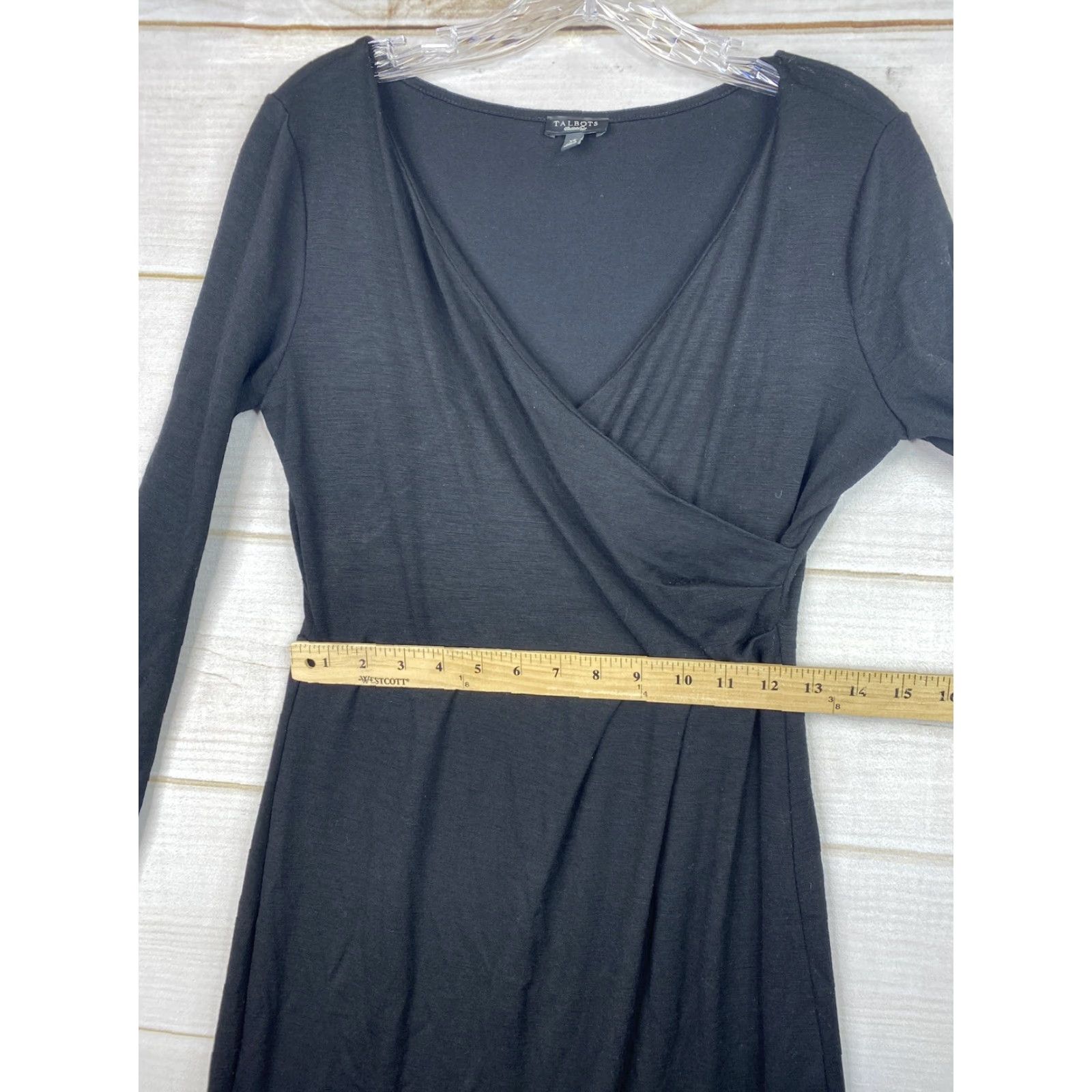 Talbots Talbots Dress Womens XS Classic Black Wool Blend Sheath Faux Wrap Long Sleeve V-Neck Zip Knee Length Size XS / US 0-2 / IT 36-38 - 7 Thumbnail