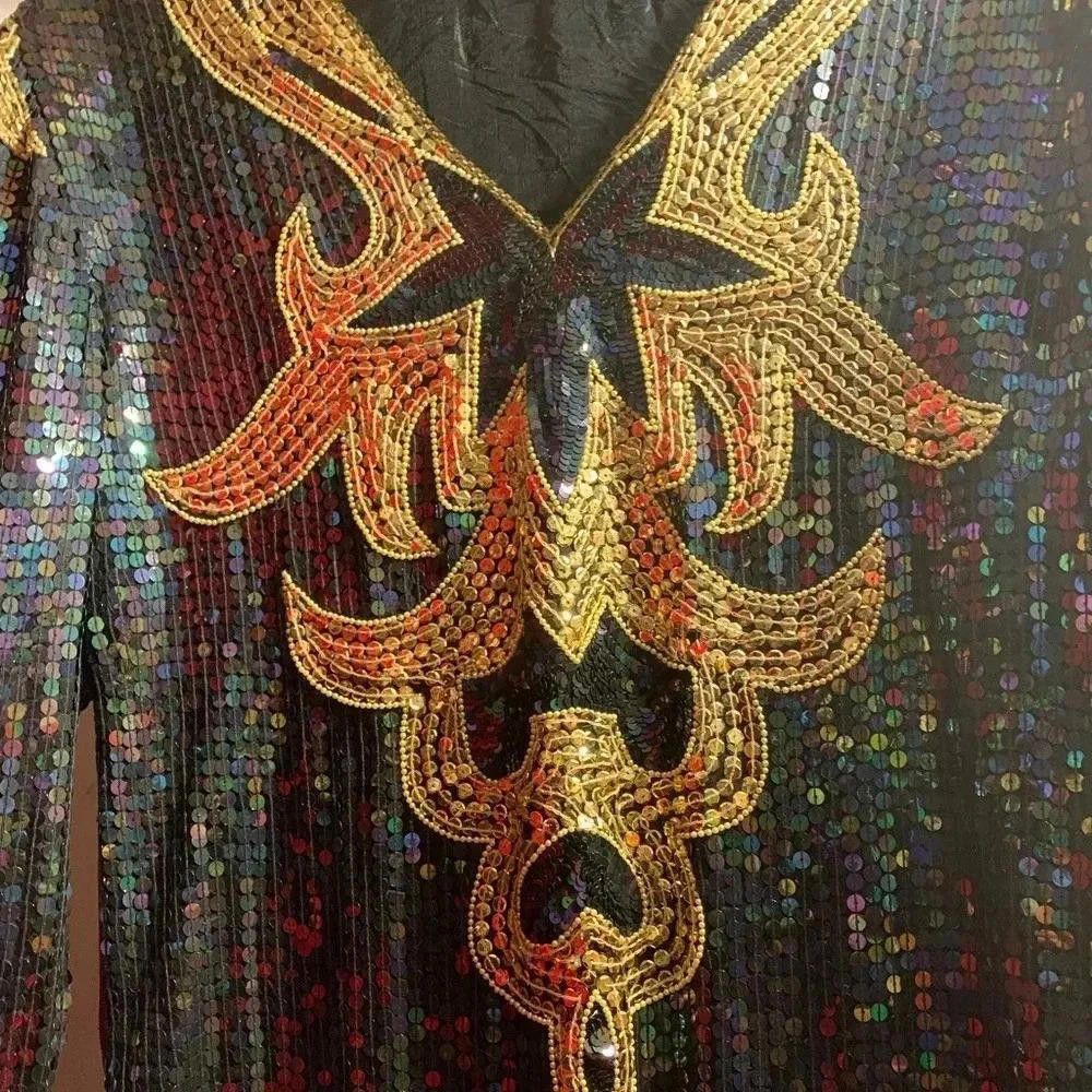 Designer Vintage Black Sequined Silk Kaftan Dress Size S / US 4 / IT 40 - 2 Thumbnail