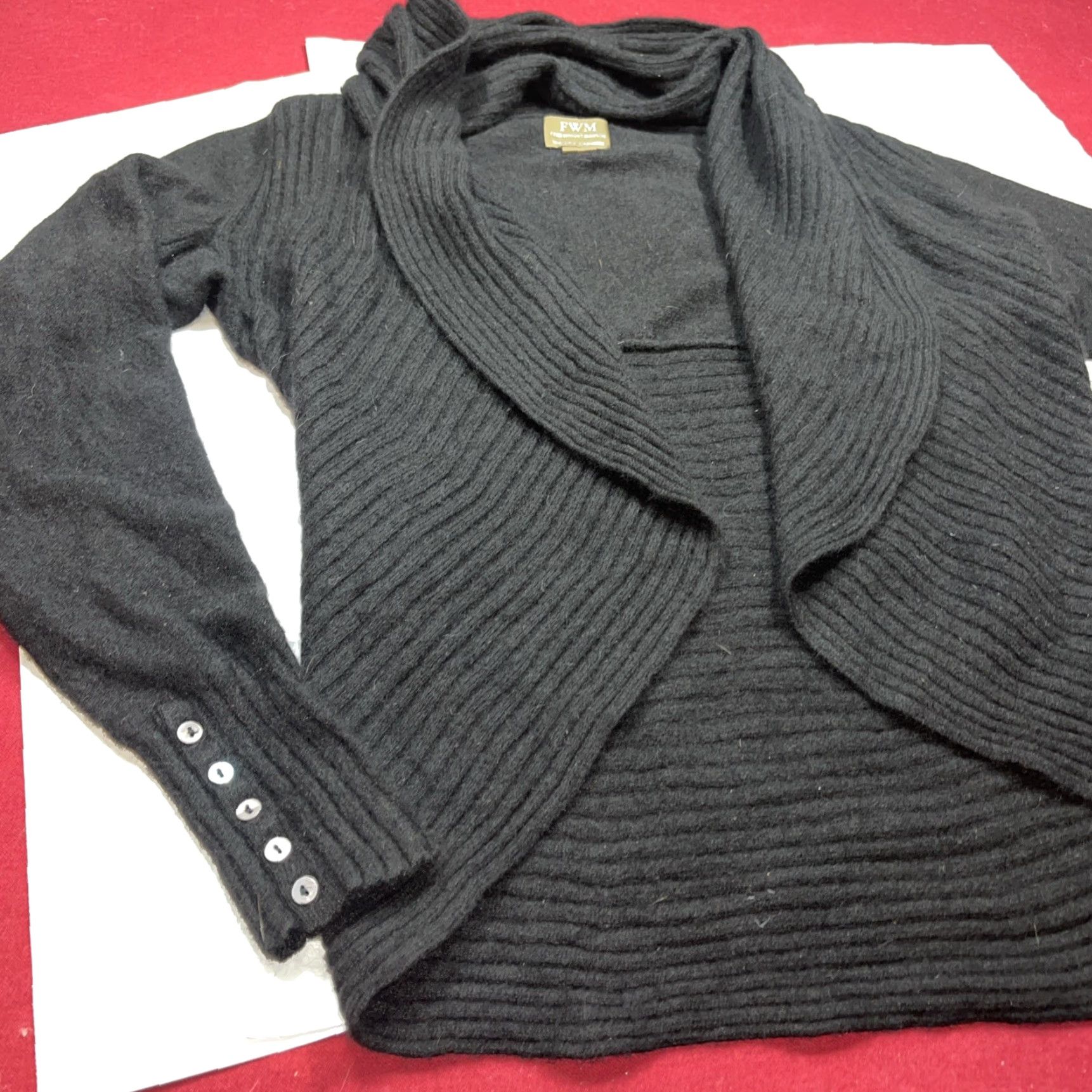 Vintage Fenn Wright Manson Cardigan Sweater Open Front Cowl Neck Black L Womens Cashmere Size L / US 10 / IT 46 - 3 Thumbnail