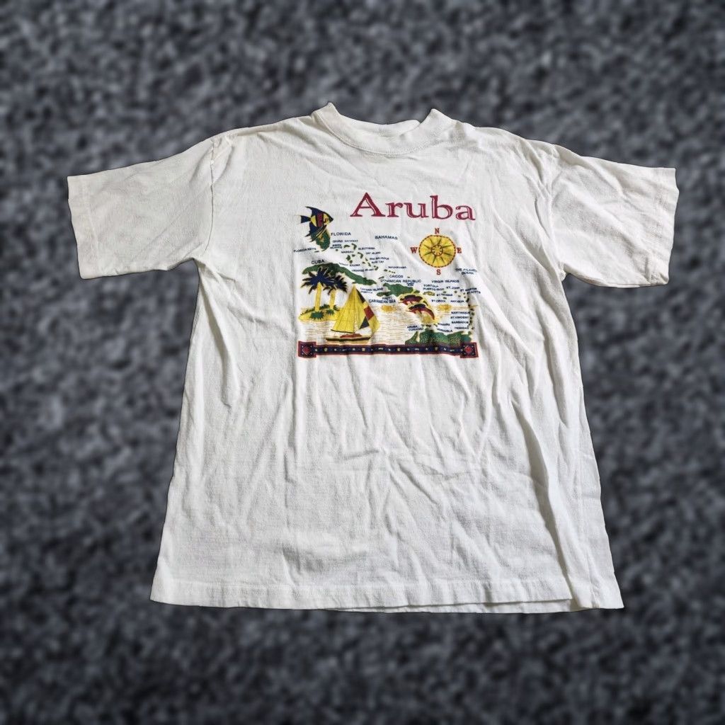 Paradise VINTAGE Aruba Island Paradise Travel Map T Shirt Mens L White 90s Hippie Graphic Tee Size US L / EU 52-54 / 3 - 1 Thumbnail