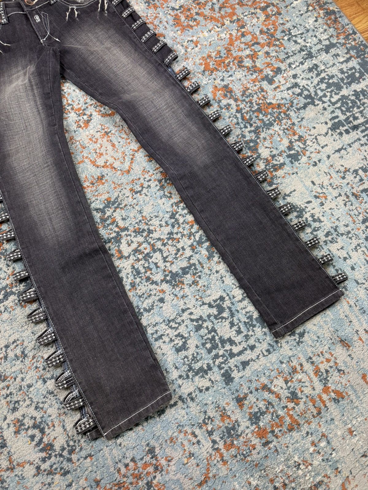 Japanese Brand × Vintage Vintage Y2K Crazy open leg side flared crystal studded denim Size 33" - 6 Thumbnail