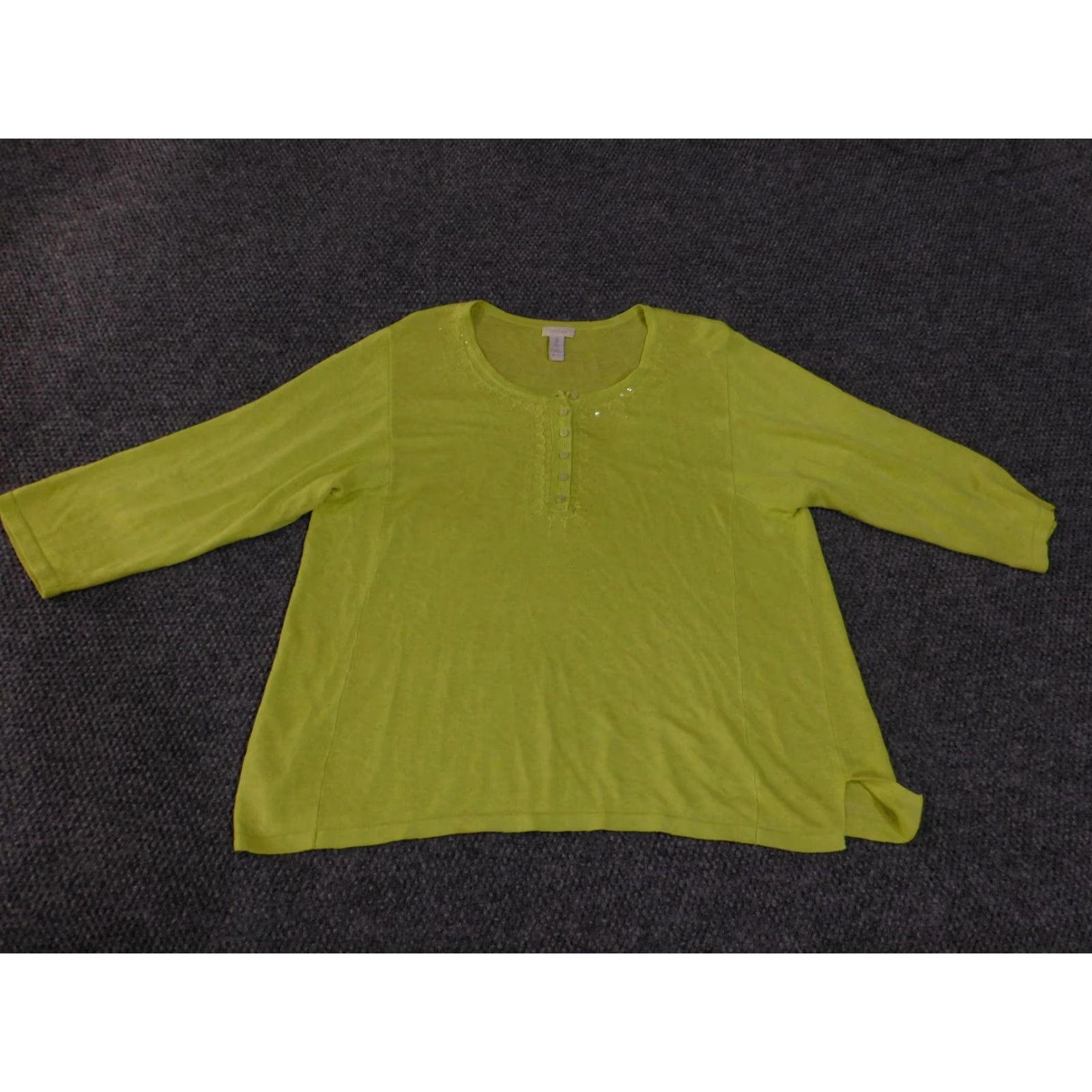 Vintage Chico's Sweater Womens 3 Green Linen Viscose Sequin Button Lightweight Top 3/4 Sleeve Scoop Neck Knitting Knit Size XS / US 0-2 / IT 36-38 - 3 Thumbnail