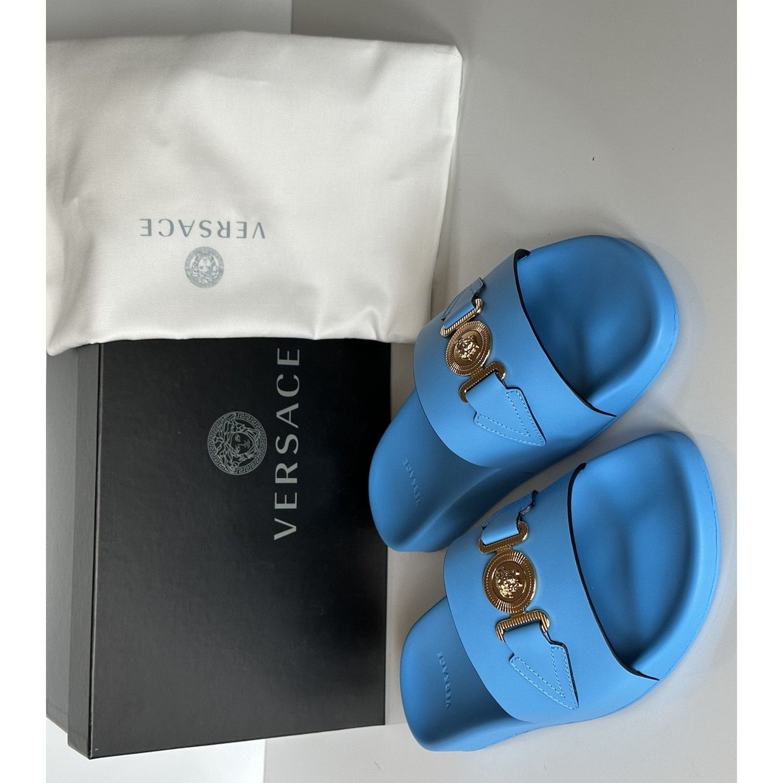 Versace Versace Gold Medusa Leather/Rubber Sandals Blue 11 1004983 Size US 11 / EU 44 - 1 Thumbnail