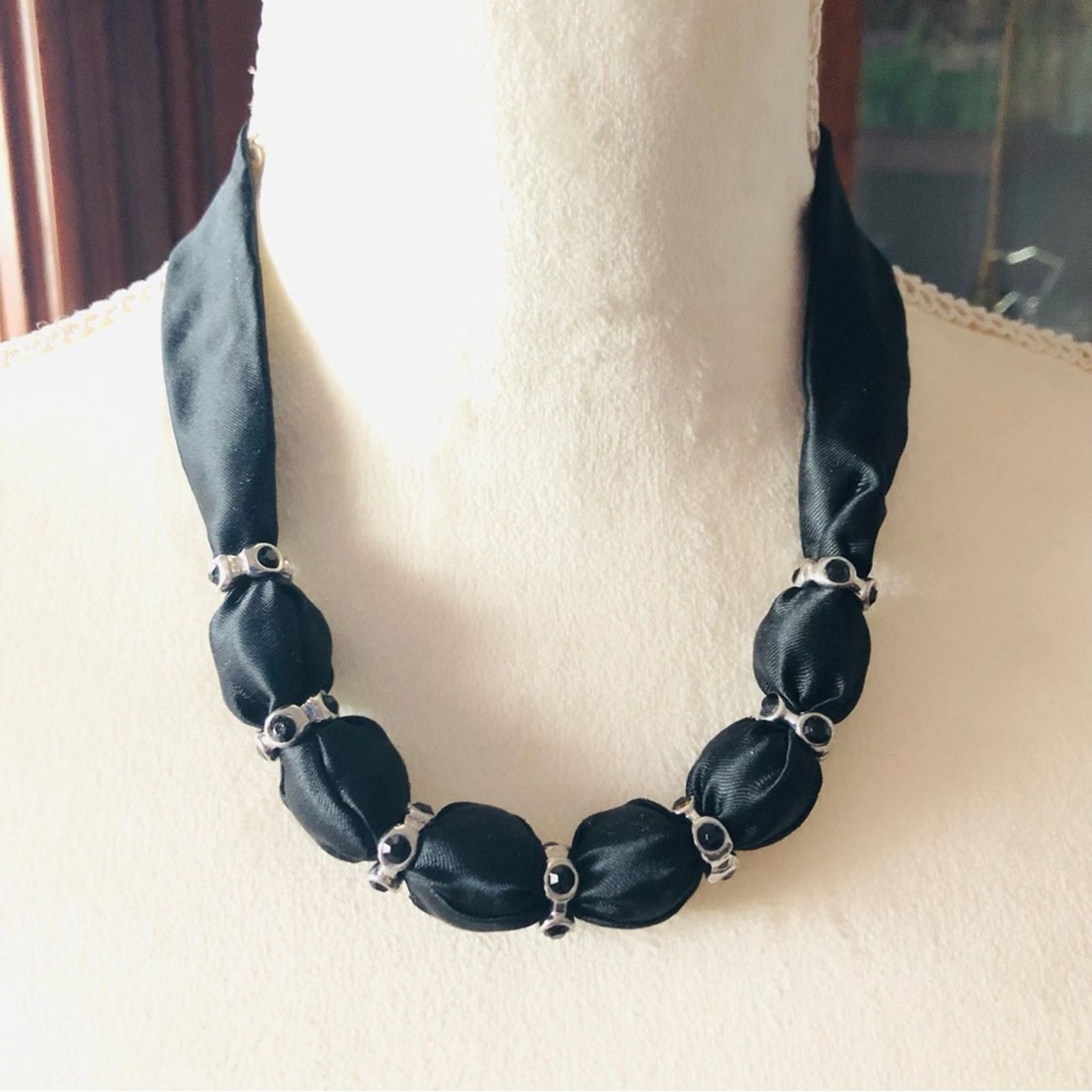 Handmade Country Girl black satin fabric covered bead necklace Size ONE SIZE - 1 Thumbnail