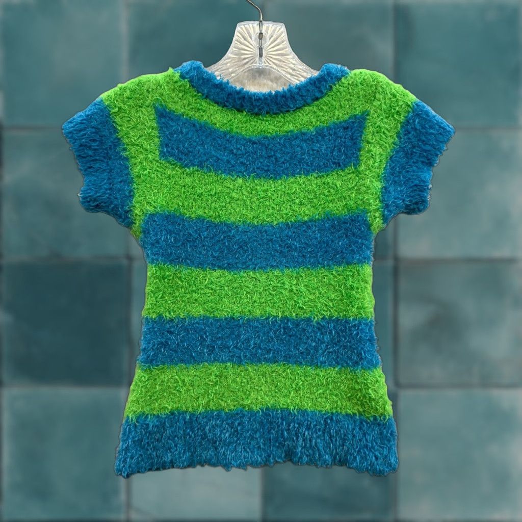 Vintage VINTAGE Justice Fuzzy Furry Top Shirt XS Blue Green Striped Rug Grunge Girls Womens 12 Cyber Y2K Size XS / US 0-2 / IT 36-38 - 1 Thumbnail