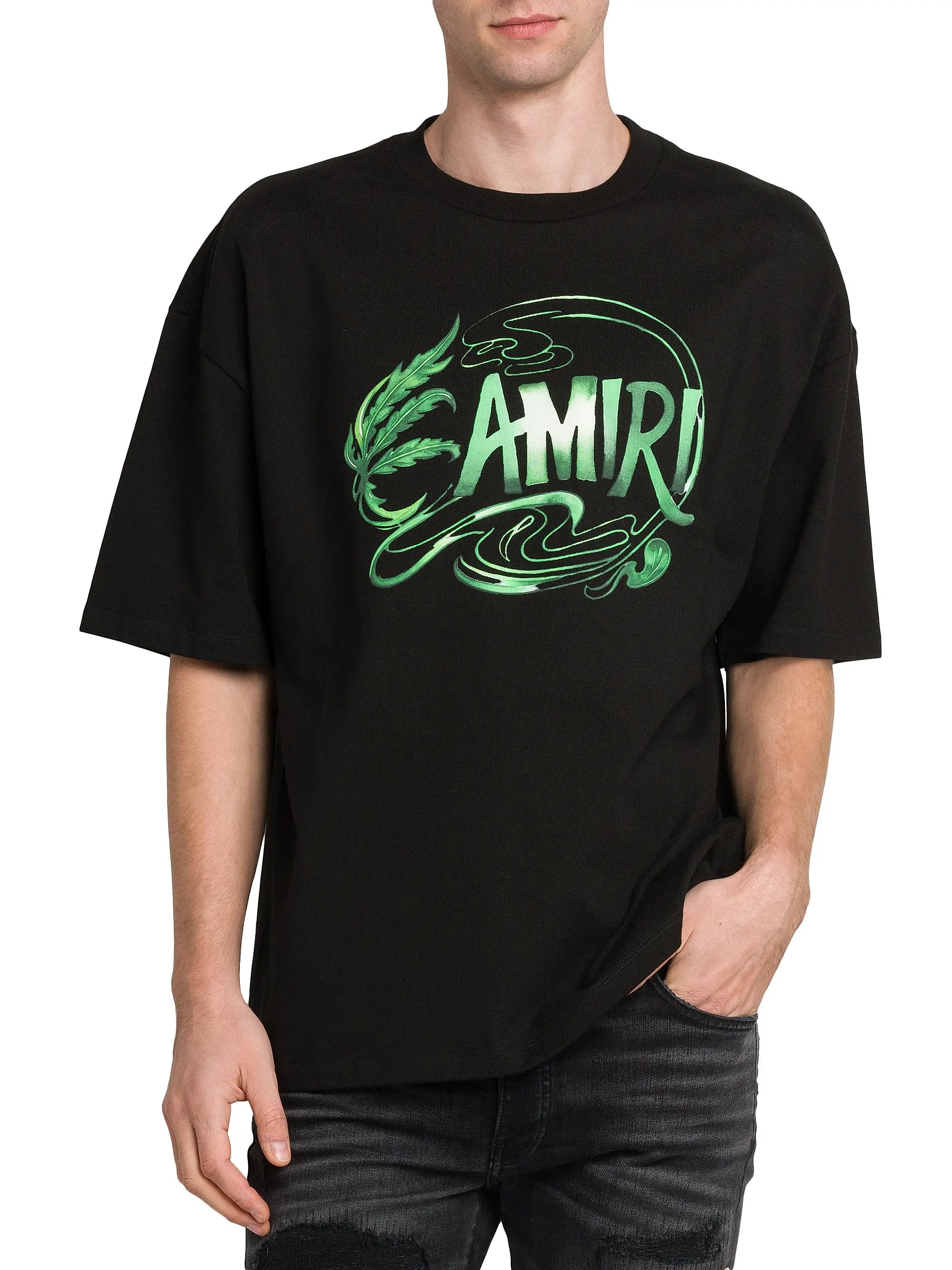 Amiri os11x1225 Leaf Cotton Oversized Crewneck T-Shirt in Black Size US M / EU 48-50 / 2 - 3 Thumbnail