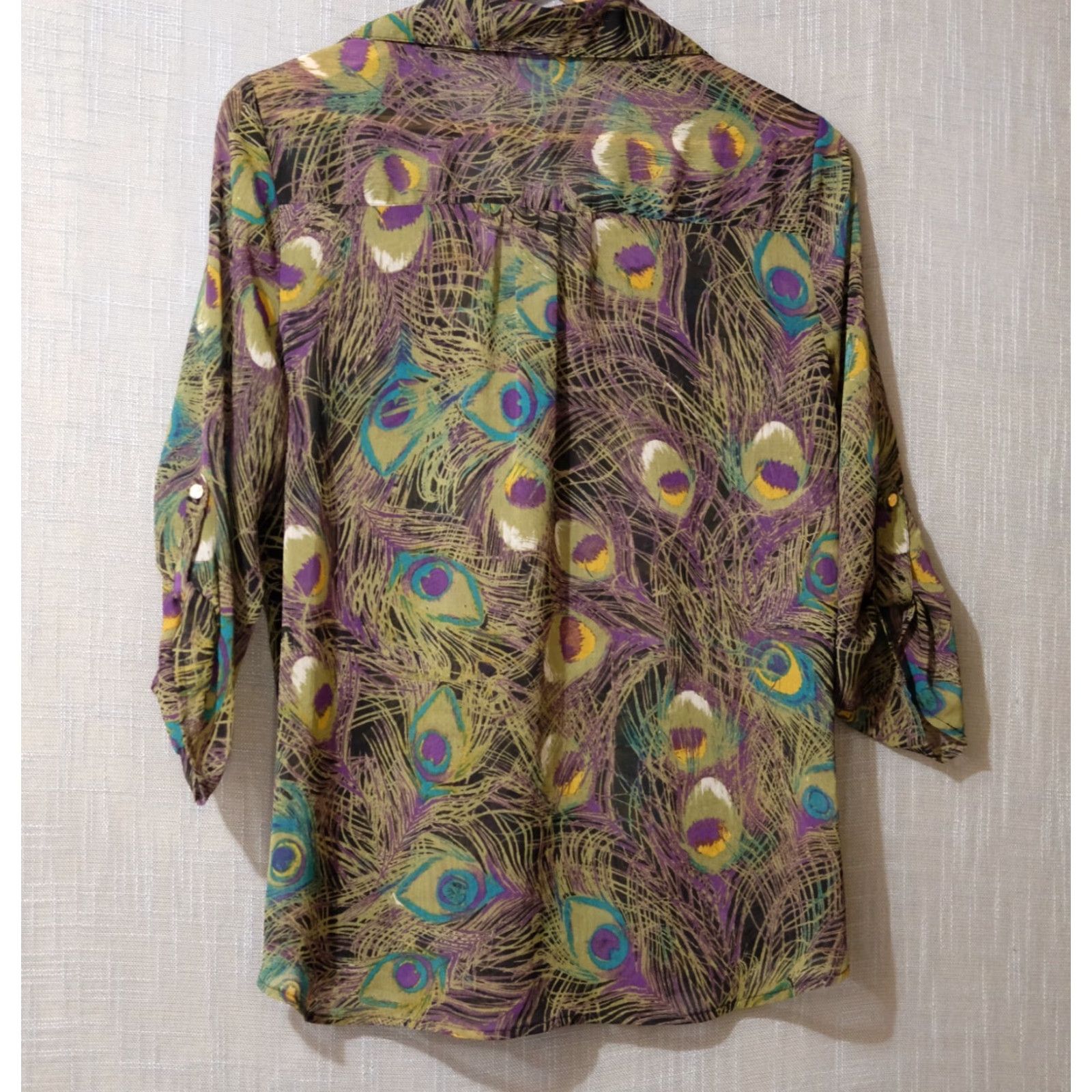 Vintage Sara Michelle Blouse Geometric Print 3/4 Rolltab Sleeve Peacock M Women's Shirt Casual Workwear XS? Size M / US 6-8 / IT 42-44 - 6 Thumbnail